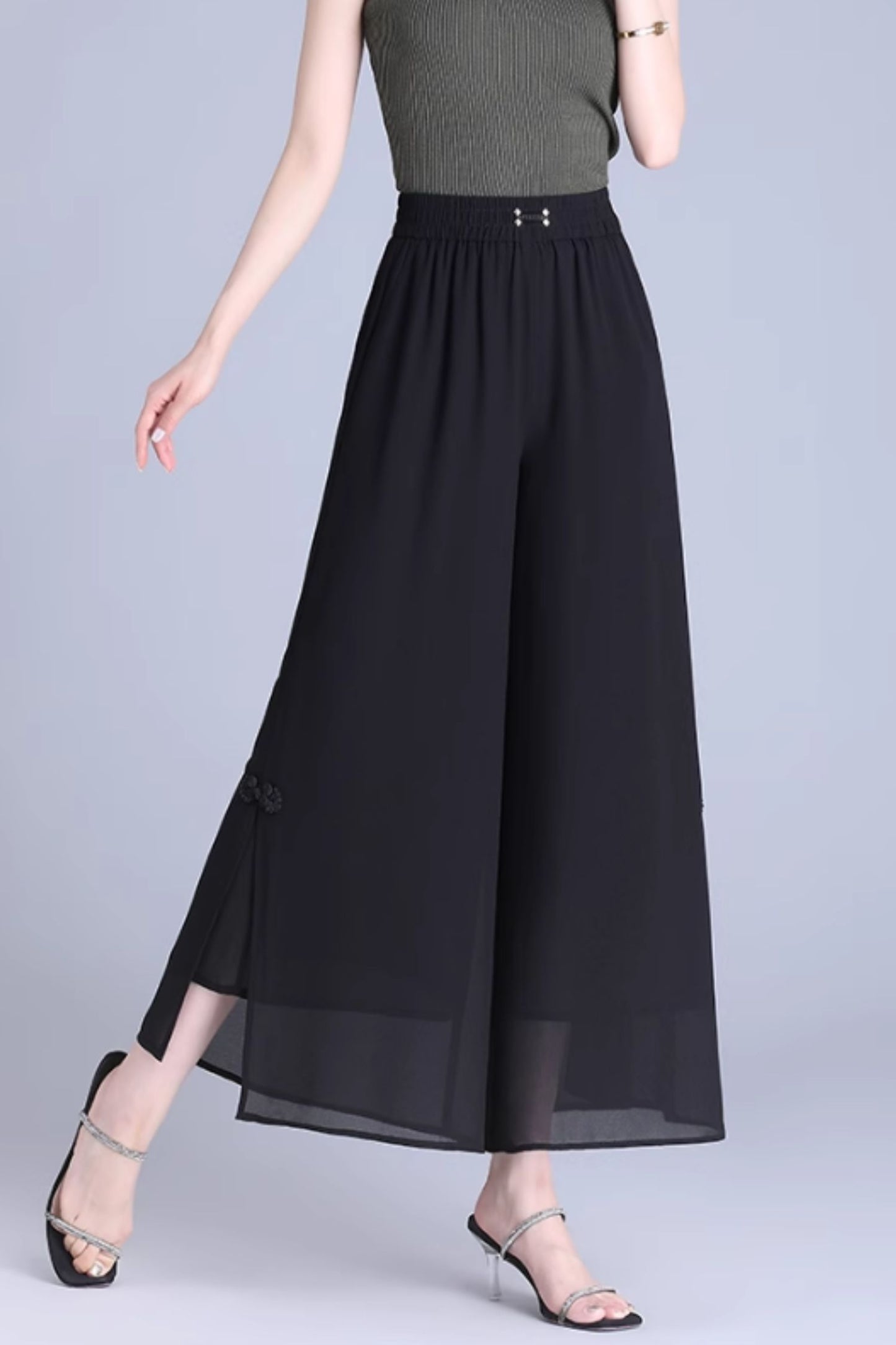Elastic waist loose fitting chiffon pants C5022