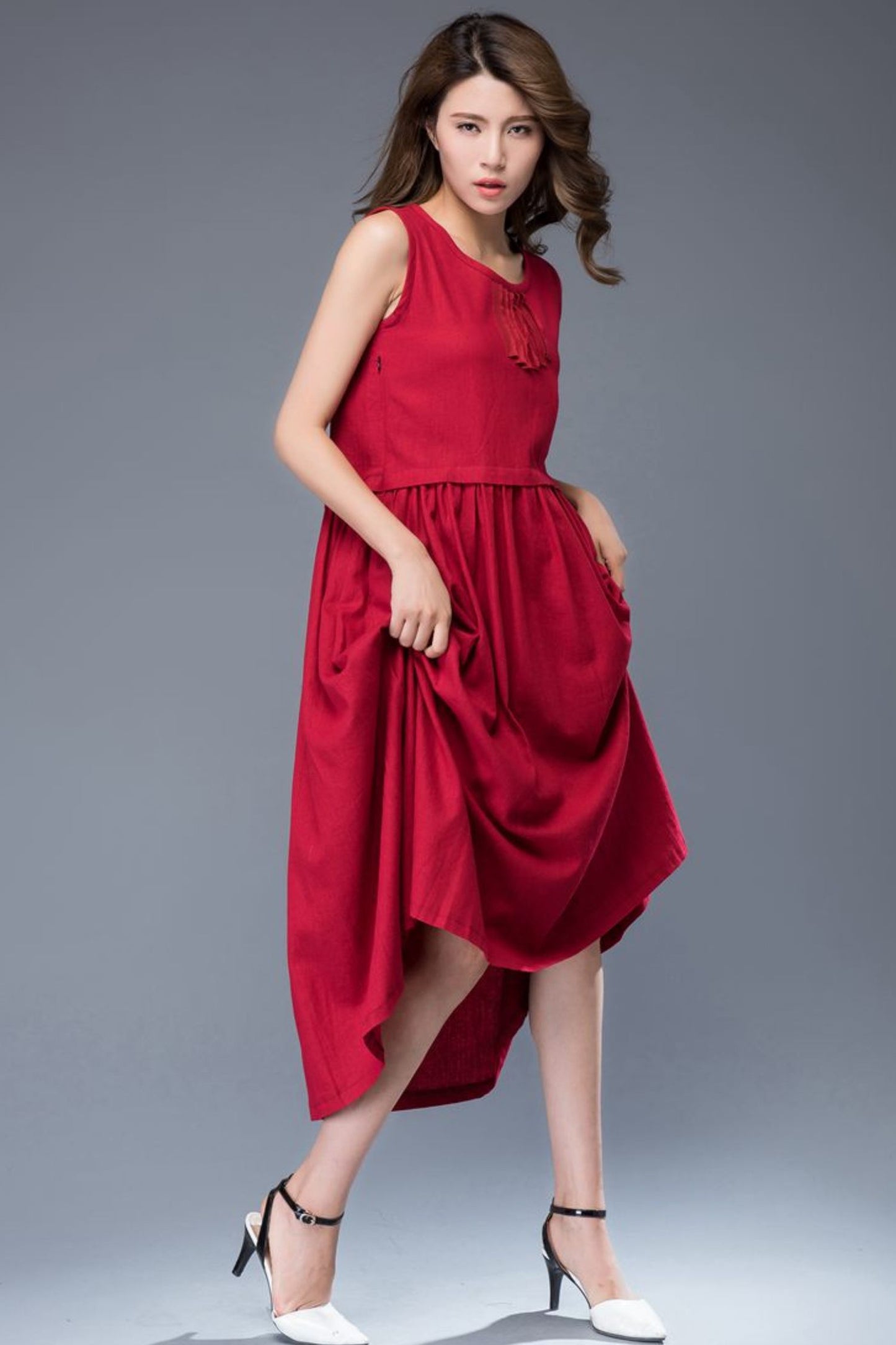 Red linen midi sleeveless loose summer dress C944