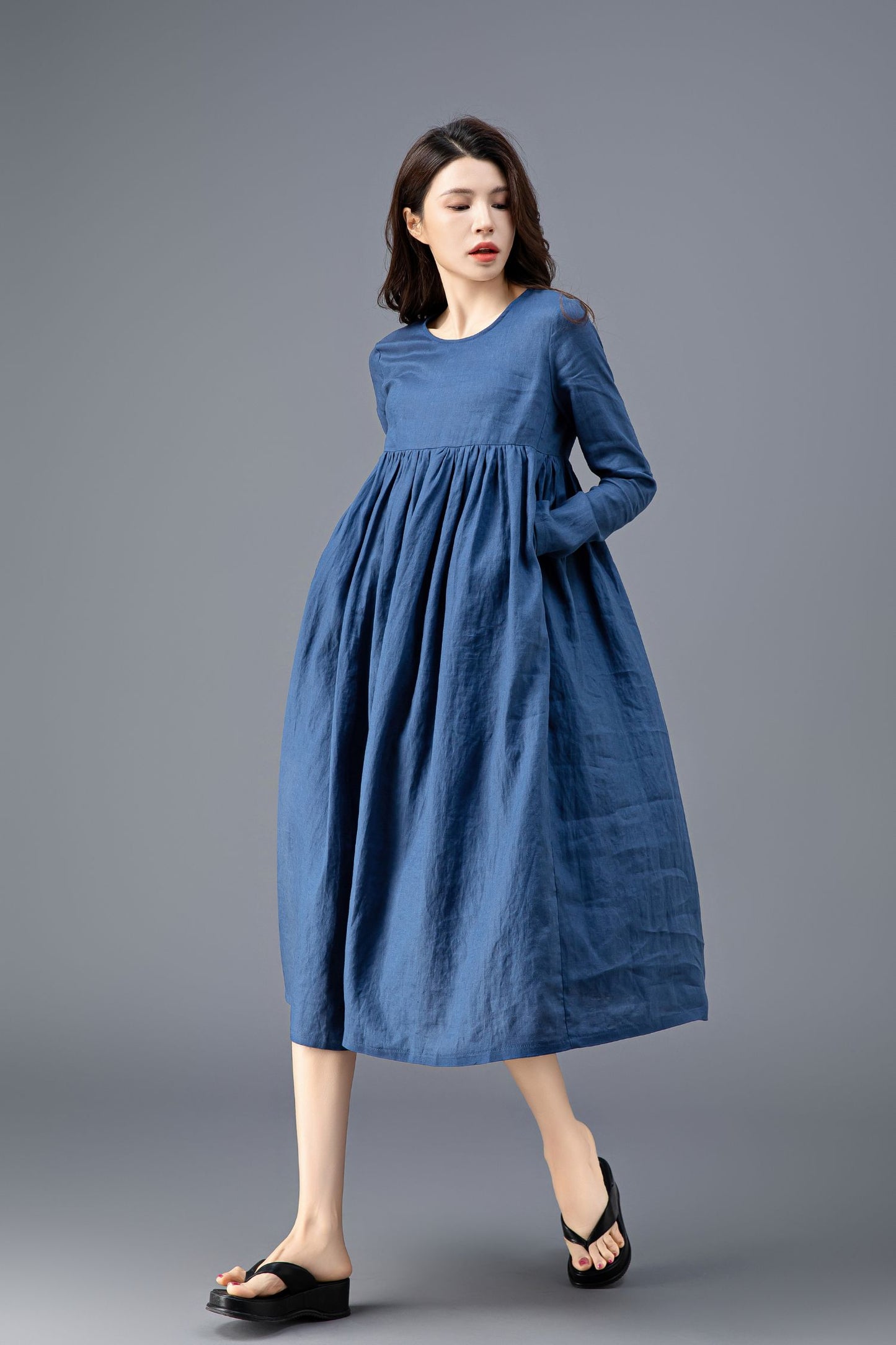 Long Sleeve Blue Linen Dress C3910