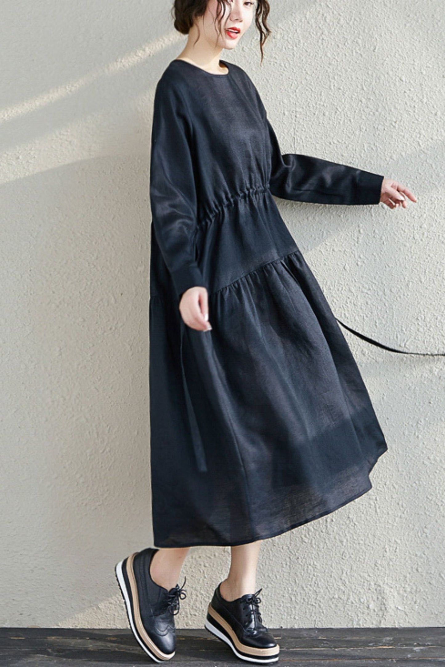 blue linen midi pleated spring casual dress with pockets C2782