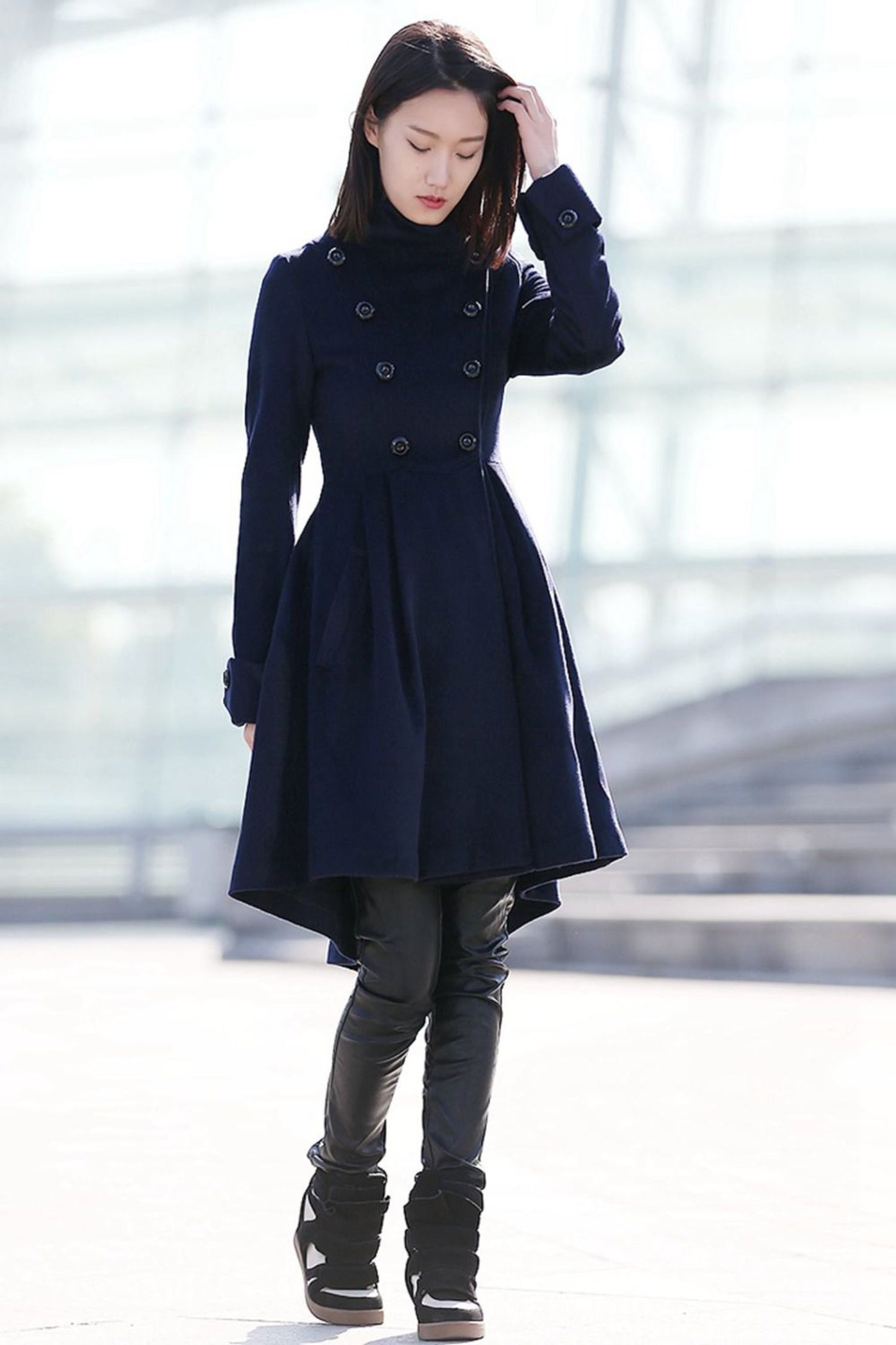Navy blue winter midi warm winter coat C164