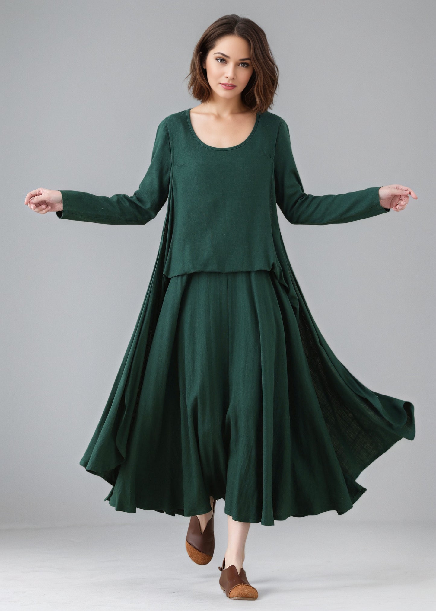 Green Asymmetrical Linen dress C5158