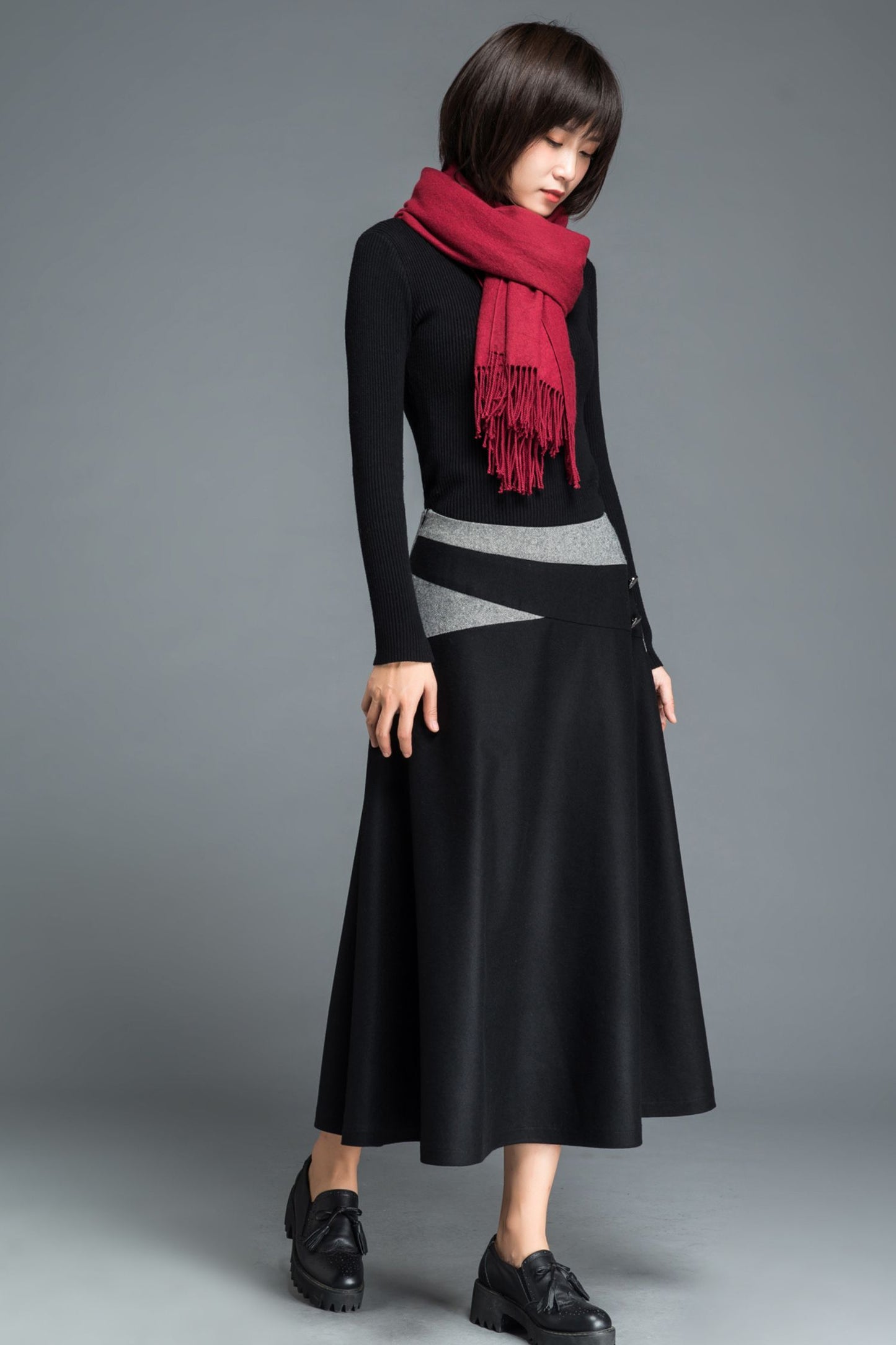 A line black midi wool skirt C1215
