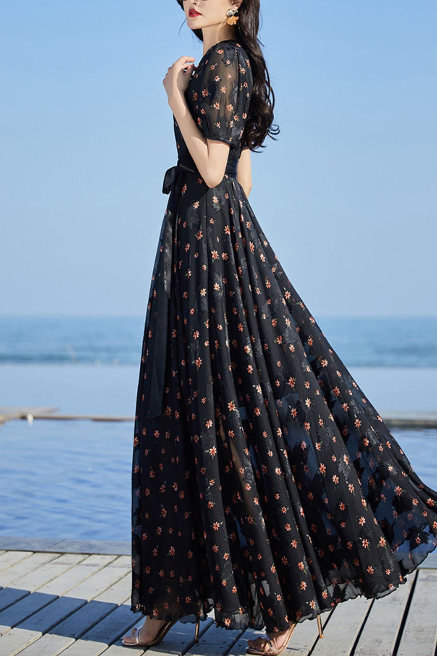 Black floral chiffon dress C4086