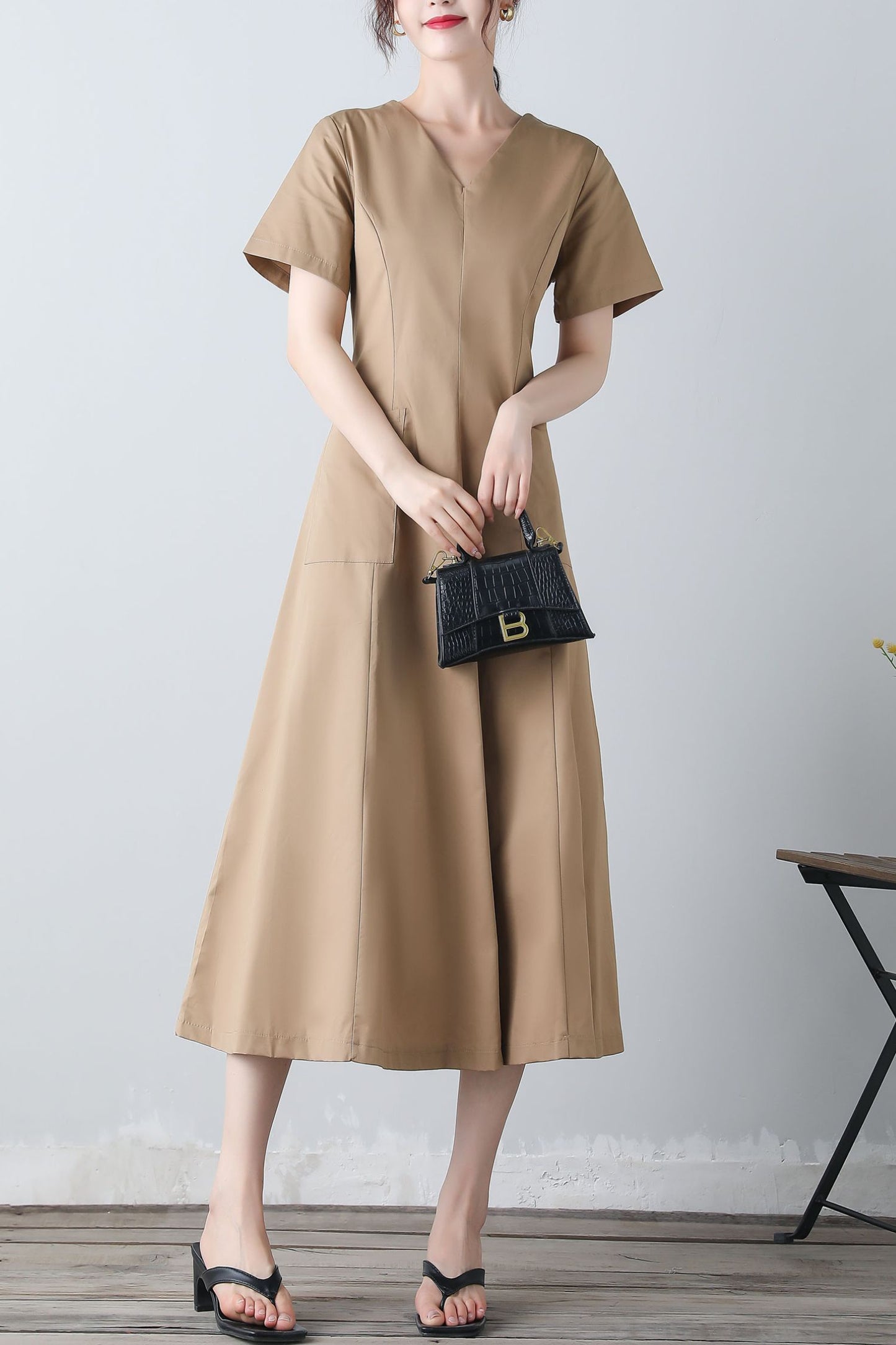 Women's v neck khaki dress C3454