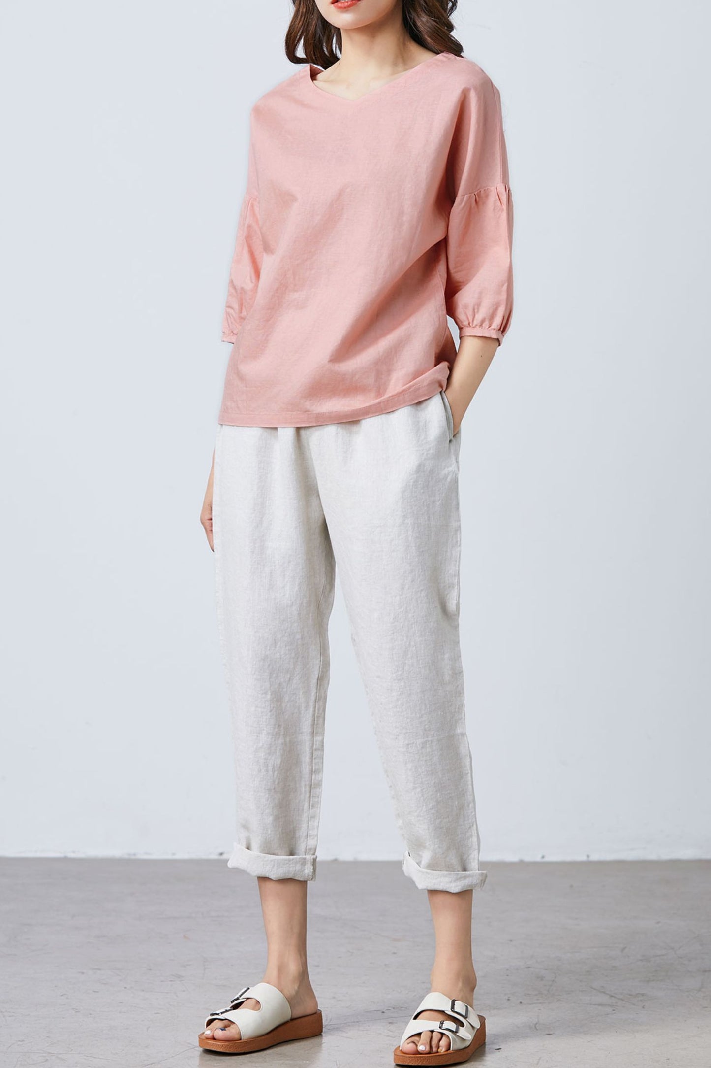 Women Leisure Linen Tops Summer V Neck Blouse C1682