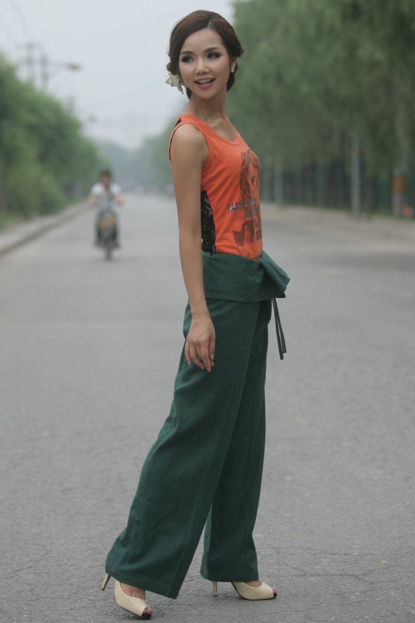 Irregular Waist Green Wide Leg Straight Leg Pants C156
