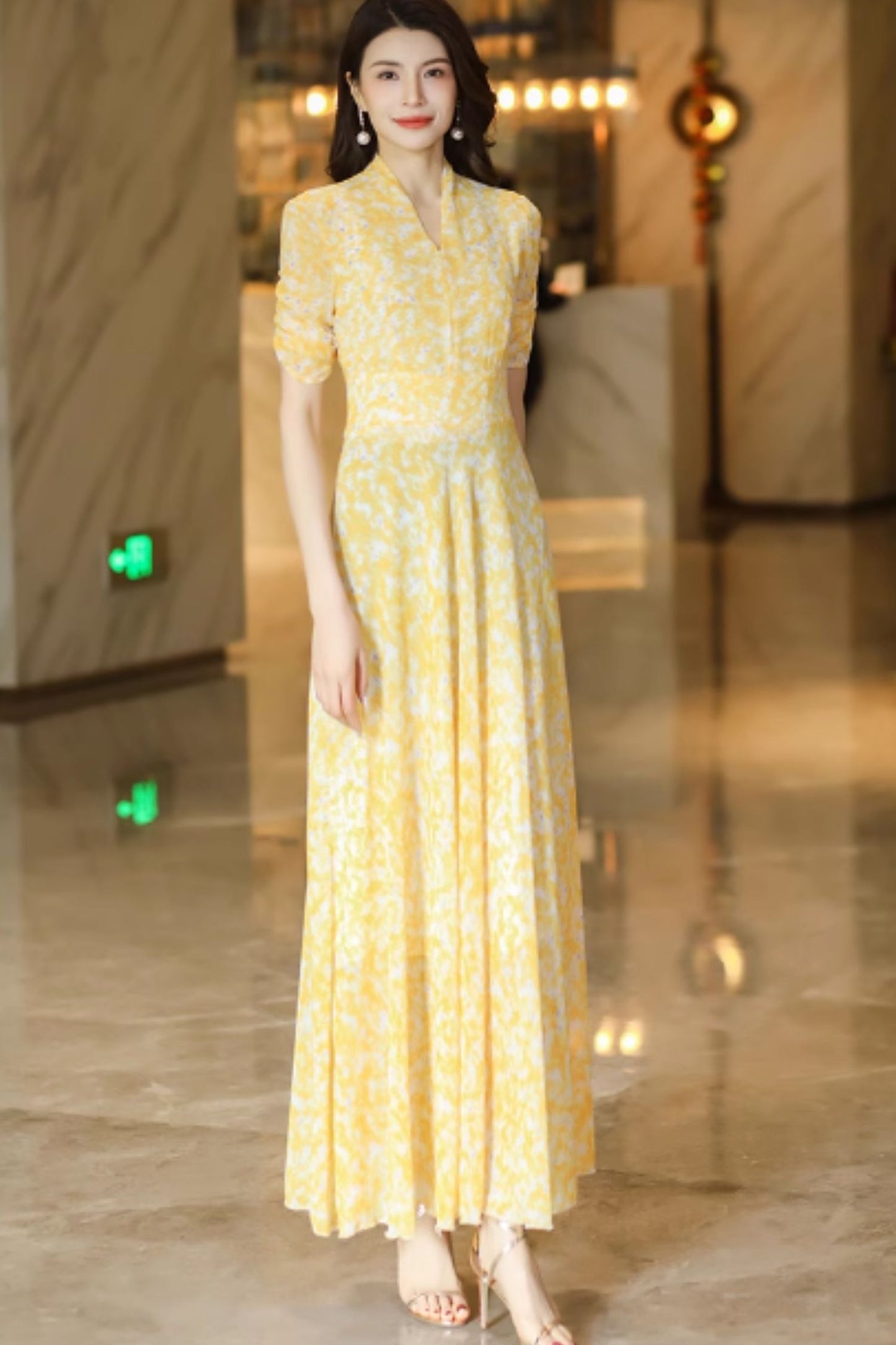 Yellow flower printed maxi chiffon dress C4927