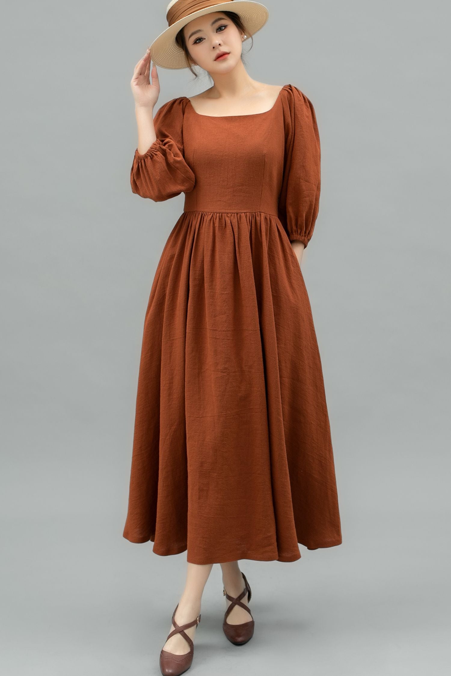 Puffy Sleeve womens long Linen Dress C4742 Orange / XL Puffy Sleeve womens long Linen Dress C4742 Orange / XL