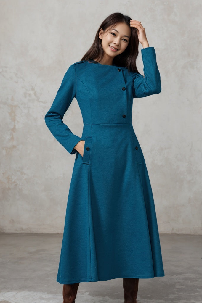 Blue wool dress with pockets warm handmade dress C1612