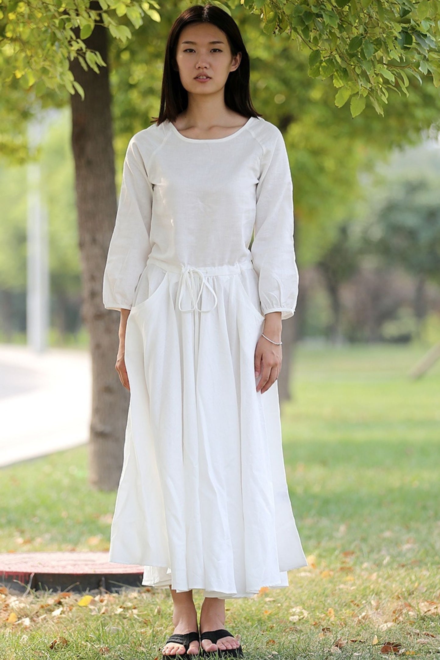 Drawstring Waist Long Sleeve White Dress C281