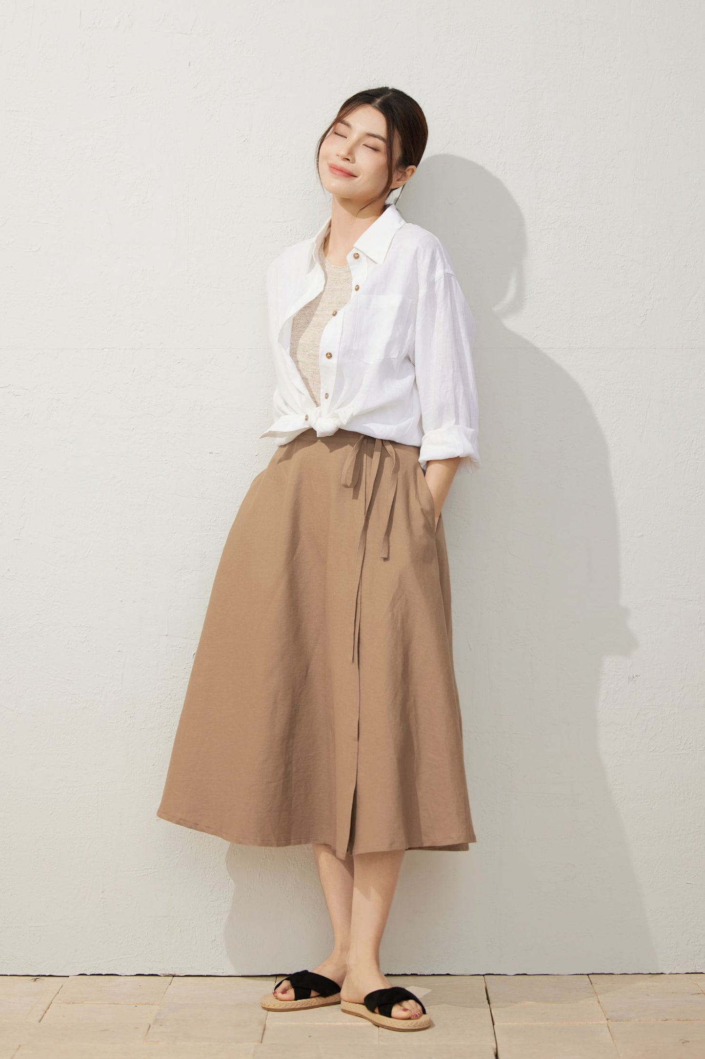 A-Line Light Brown Wrap Linen Skirt  C3929