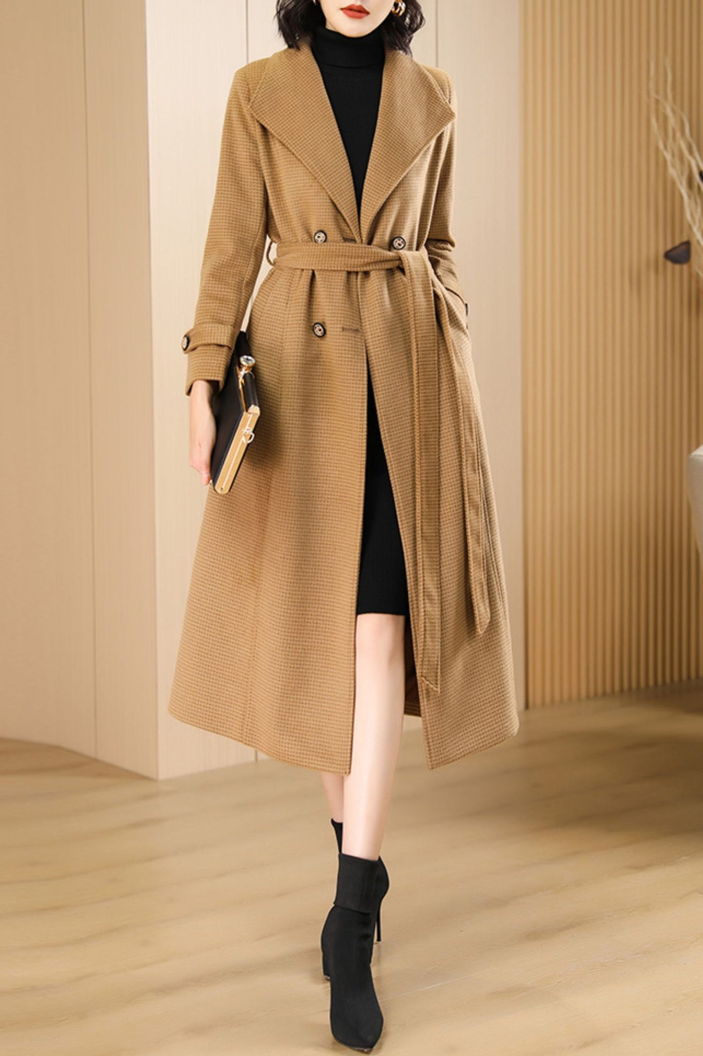 Women's Autumn and winter camel plaid coat C4216