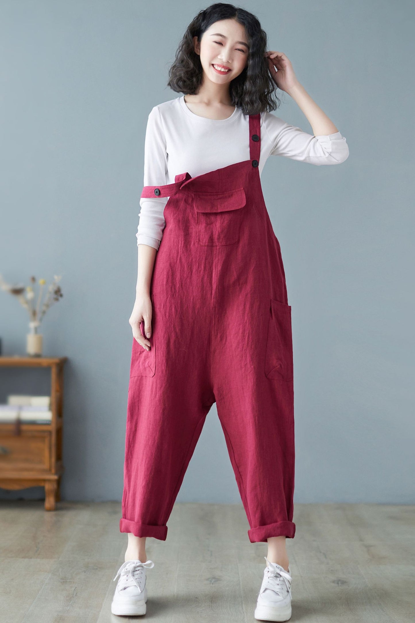 Spring Summer Casual Loose Cropped Linen Overalls C2721