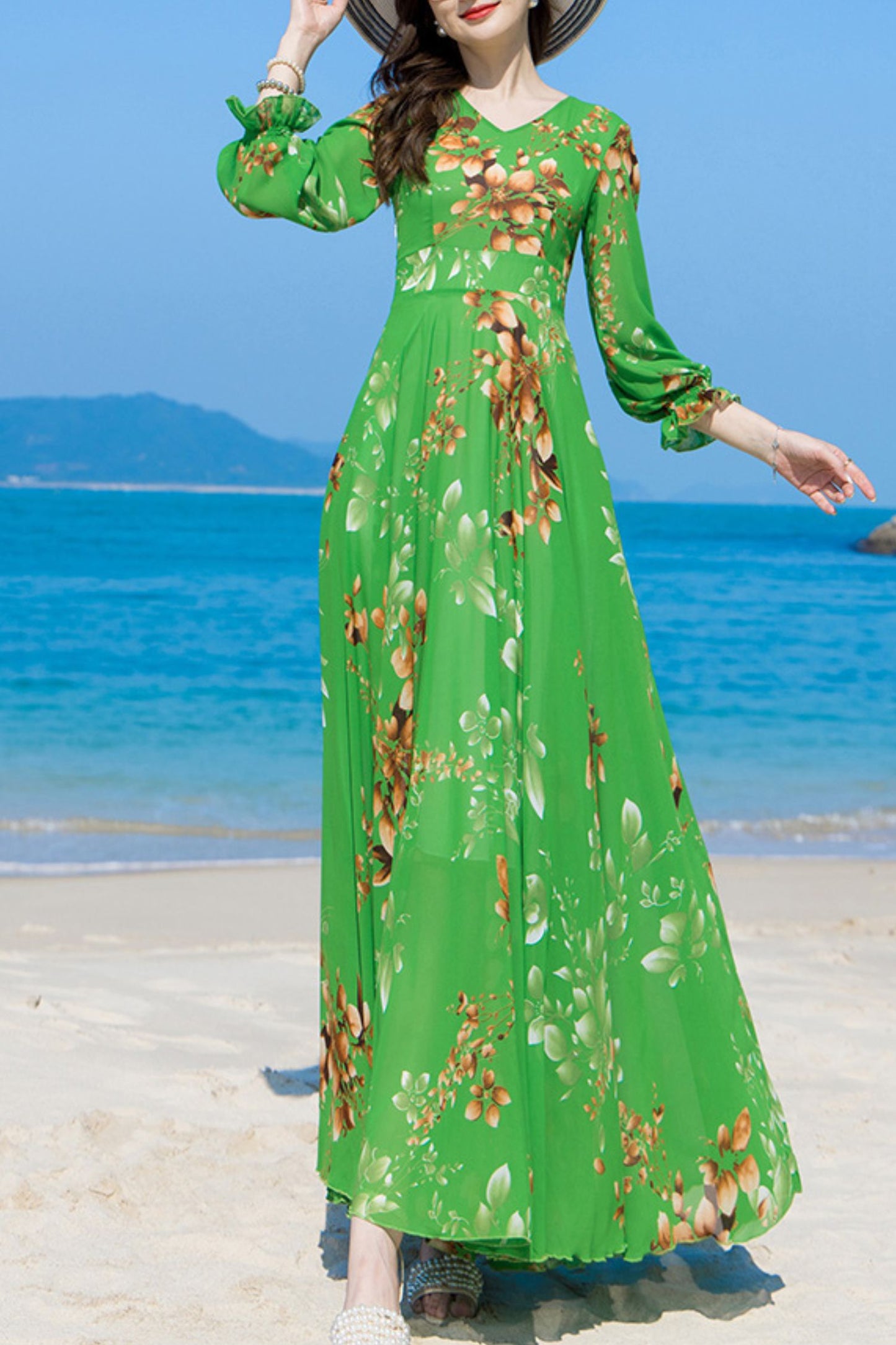 Summer Green Chiffon Long Sleeve Floral Dress C4107