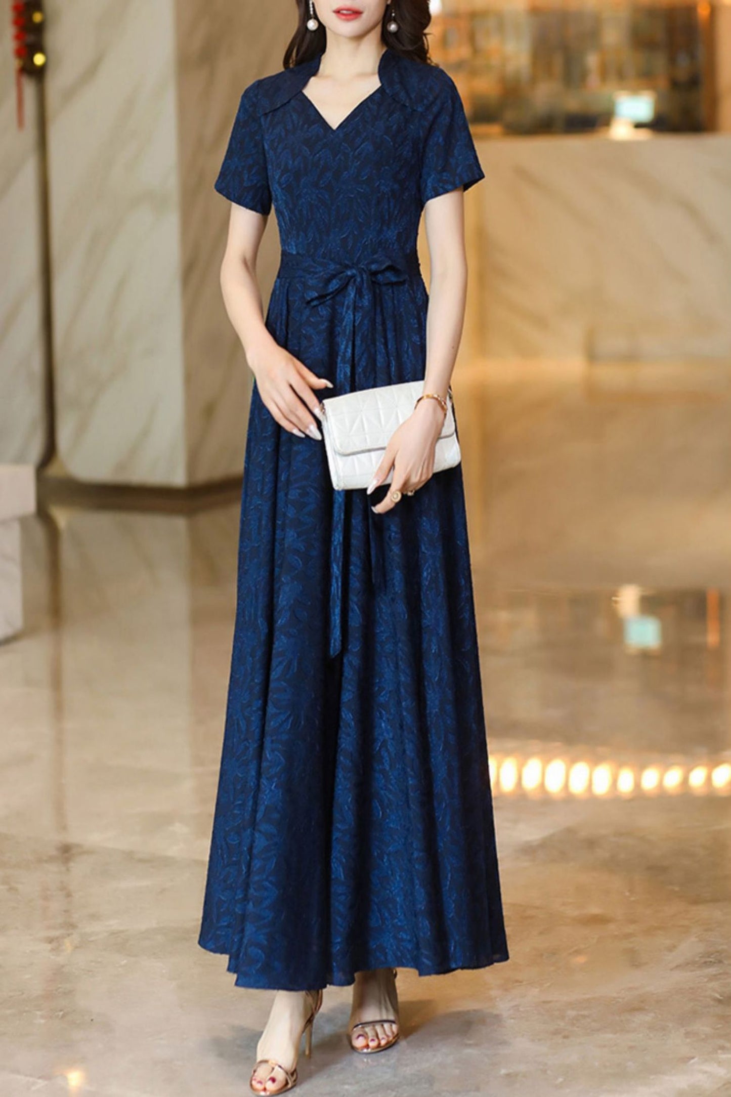 Navy blue summer new chiffon big swing long dress C4120