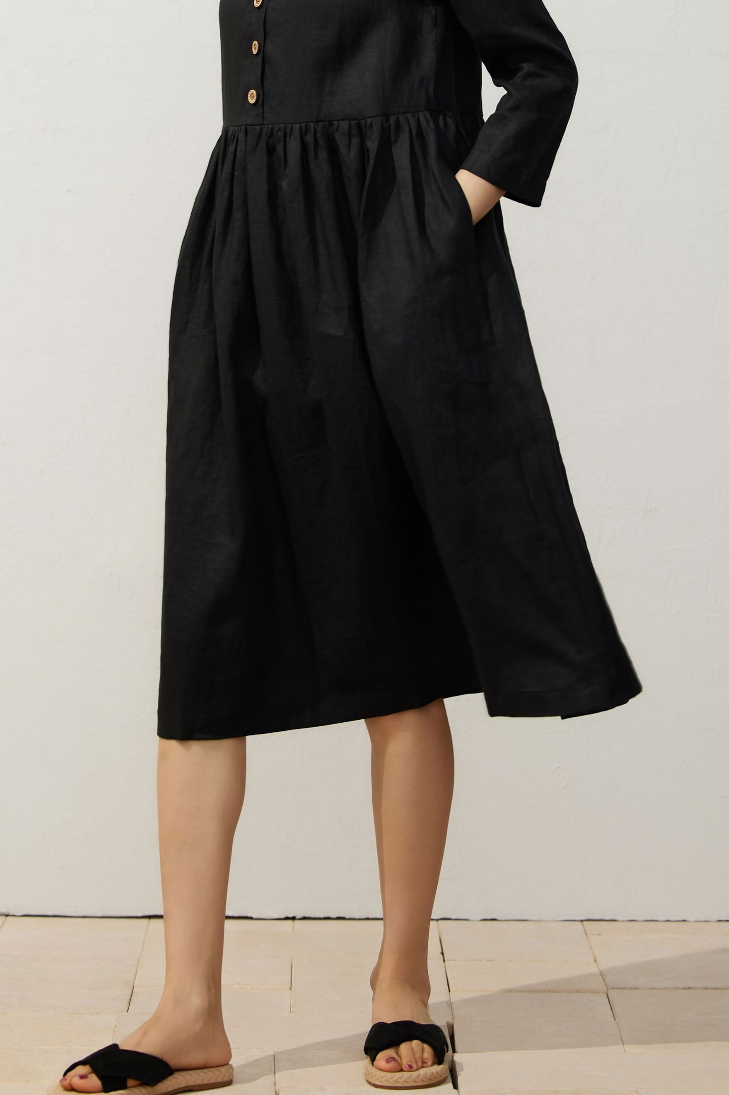 Black Linen Midi Dress with Button Detailing C3925