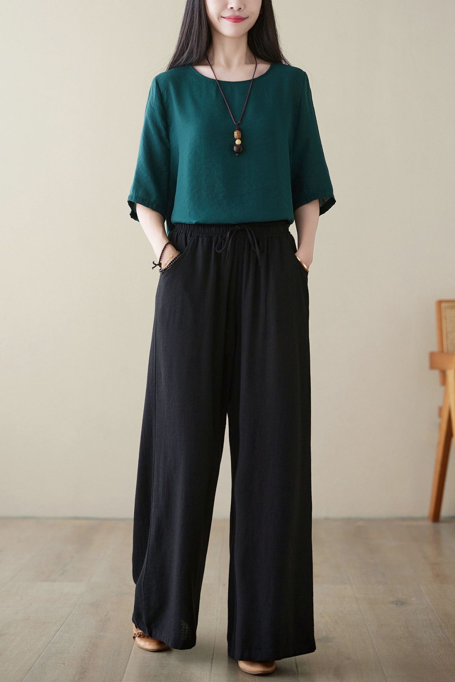 Black casual linen long pants C3962 -Size XS #CK2400119