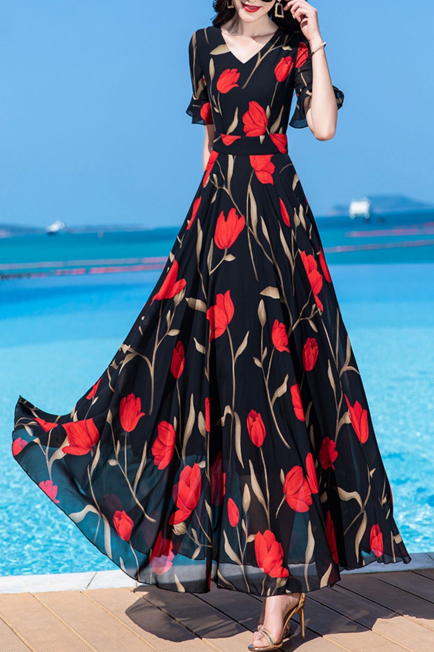 Floor-length summer new French long chiffon dress women C4031