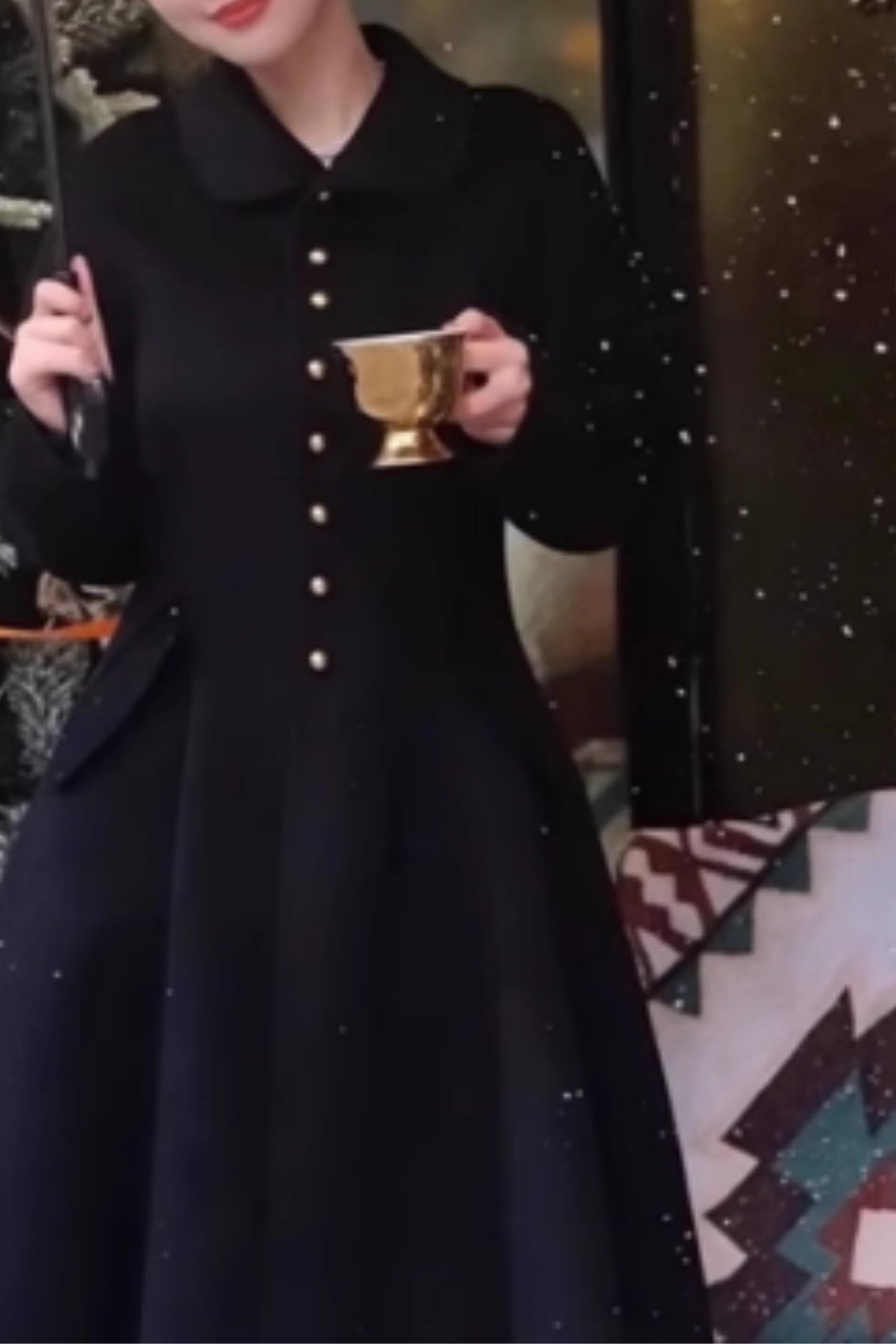 Women's Black Long Wool Coat C4684