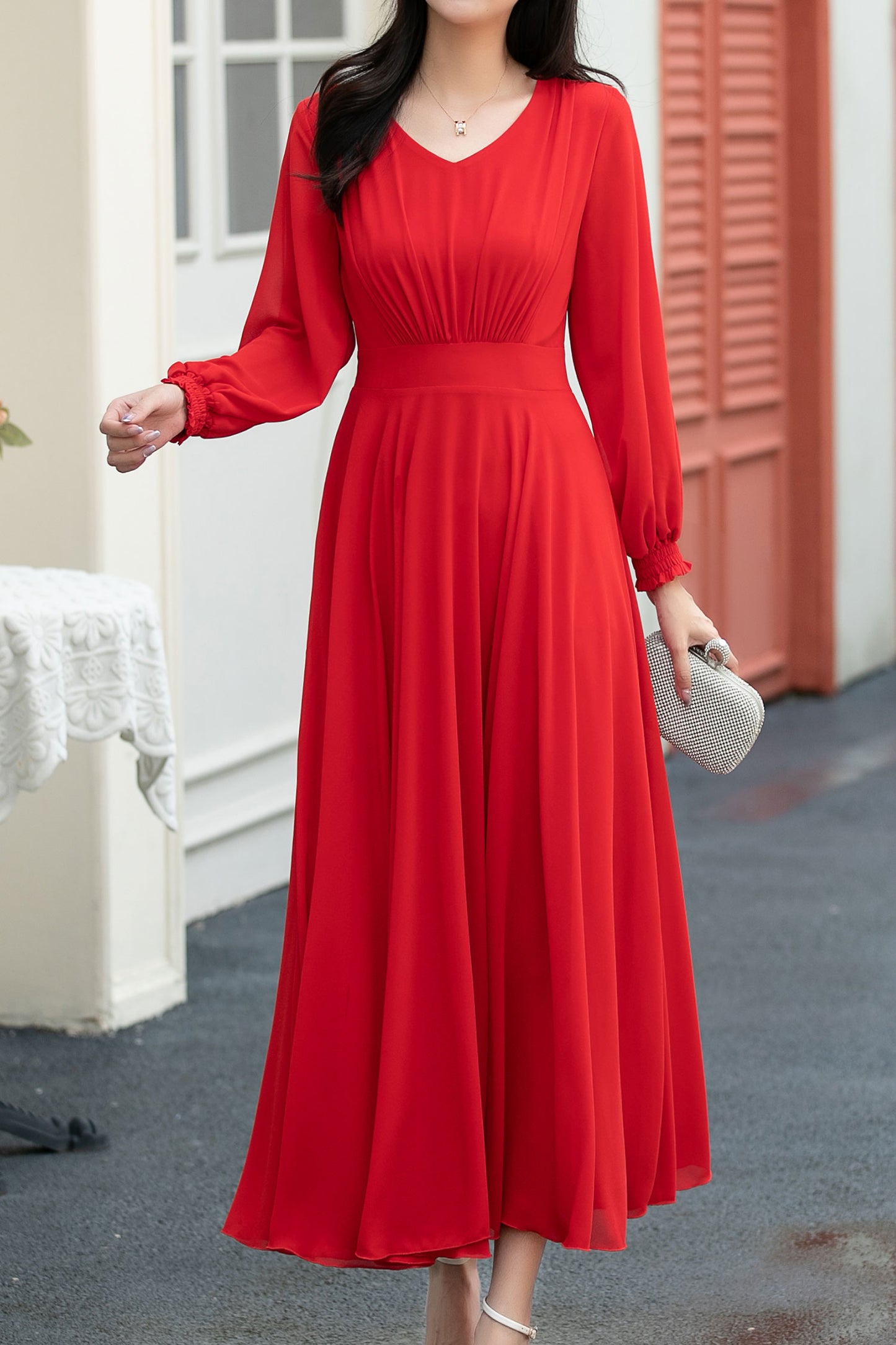 red fit and flare long chiffon dress C5039