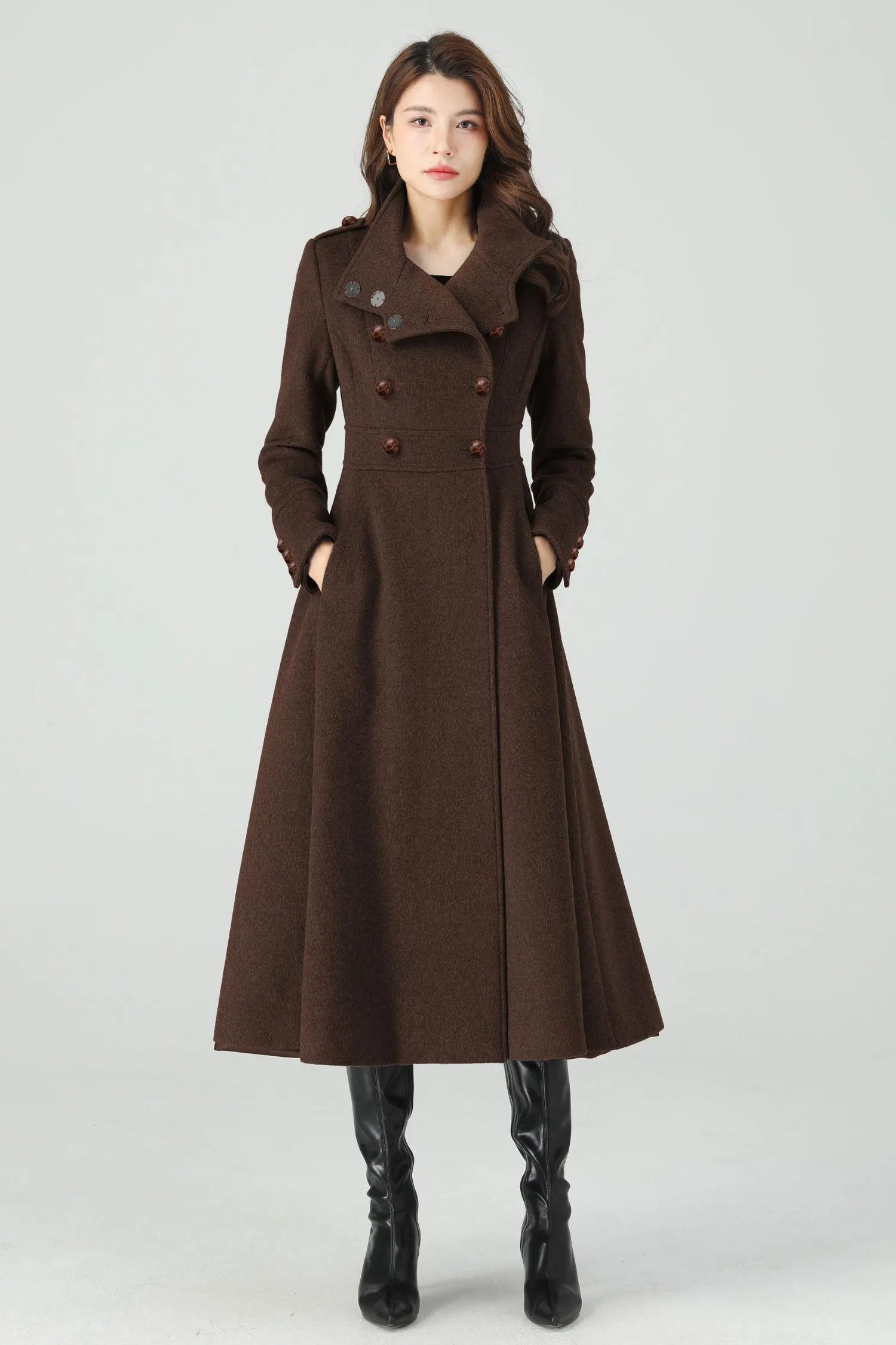 Brown Wool Blend A-Line Coat with Double-Breasted High Collar C5288 Brown / S