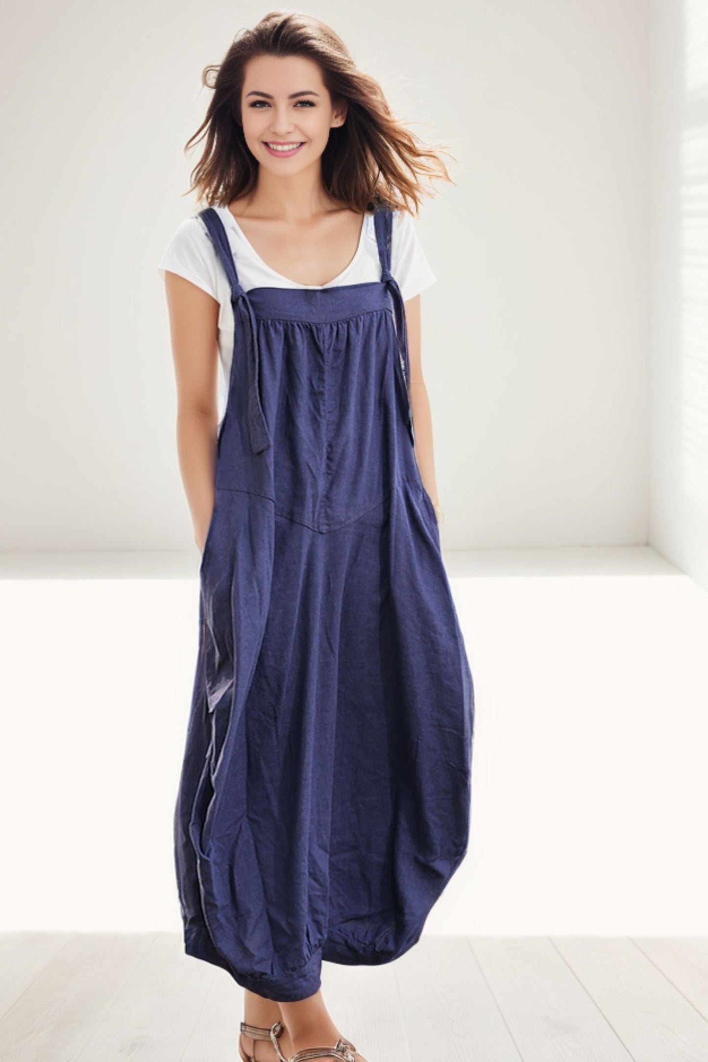 Linen Pinafore Blue Suspender Dress C278