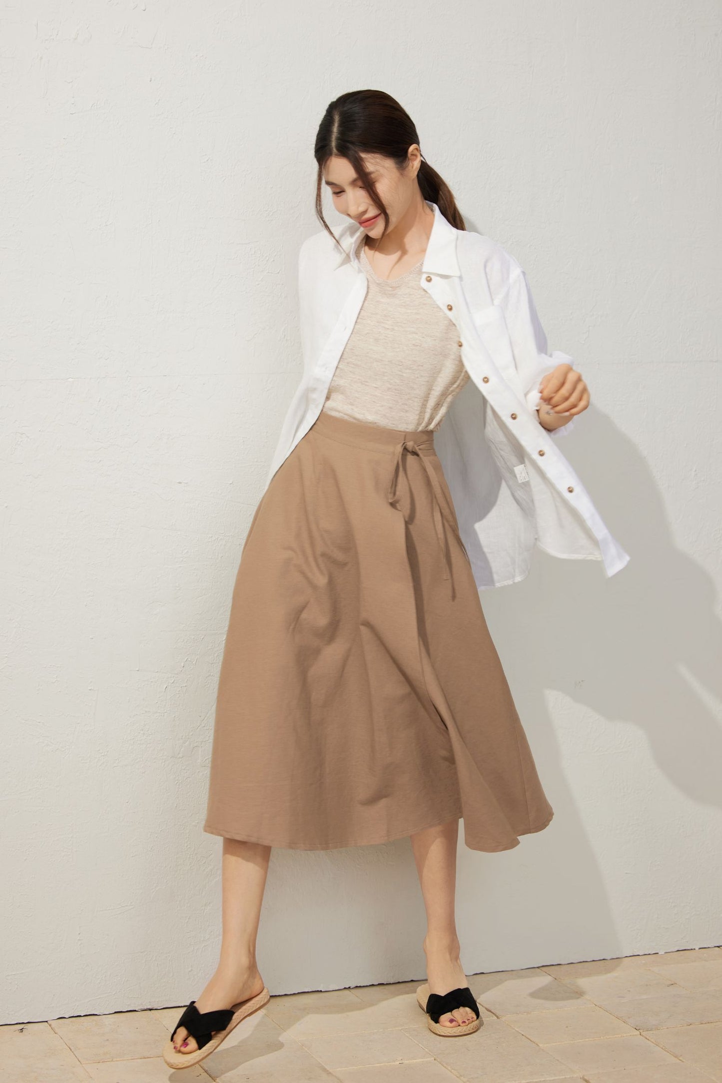A-Line Light Brown Wrap Linen Skirt  C3929