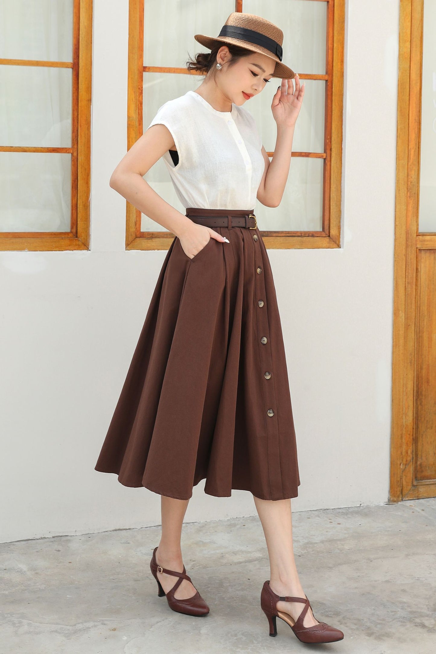 Button down midi Linen skirt c4834