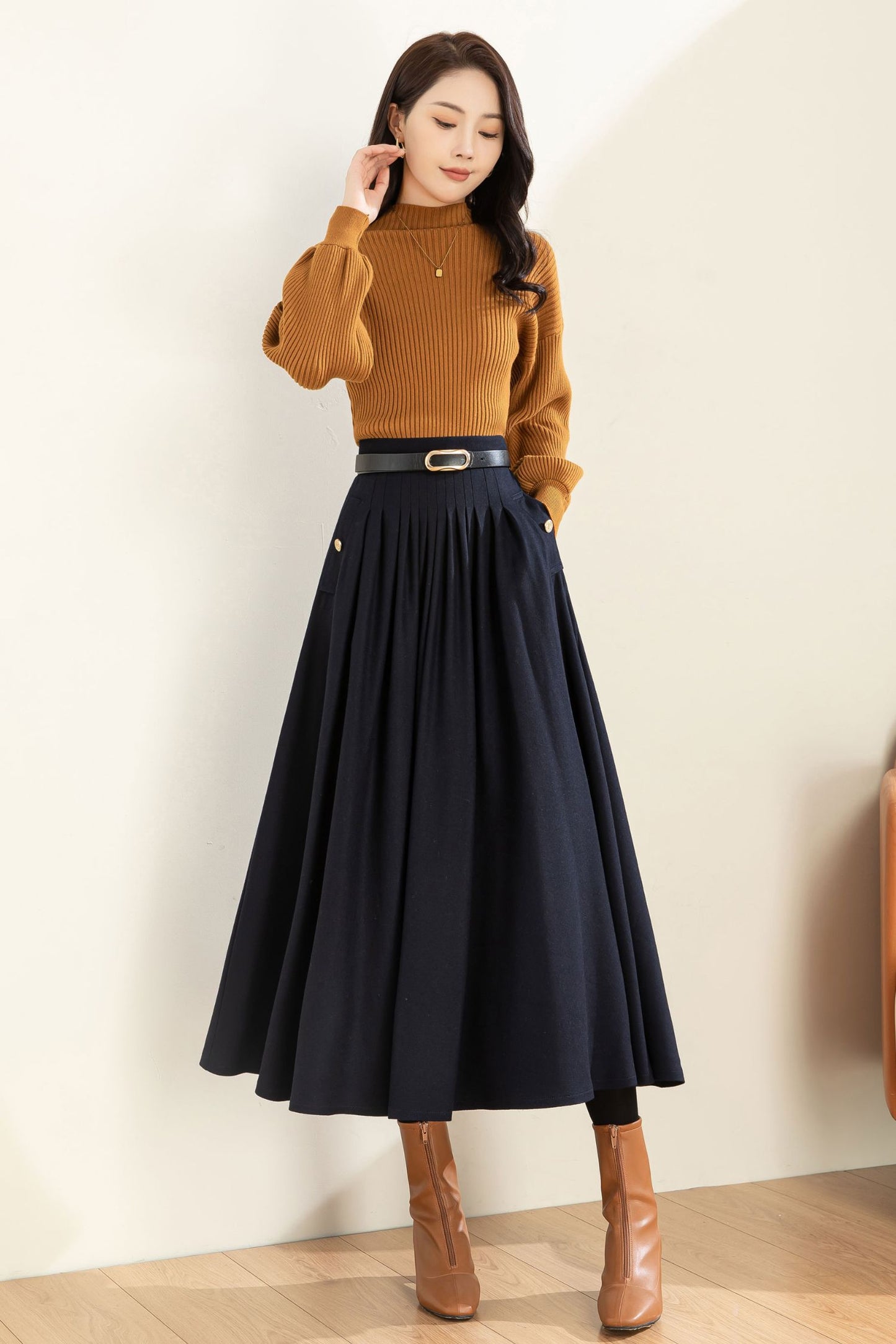 Navy Blue Wool Midi Skirt C3603