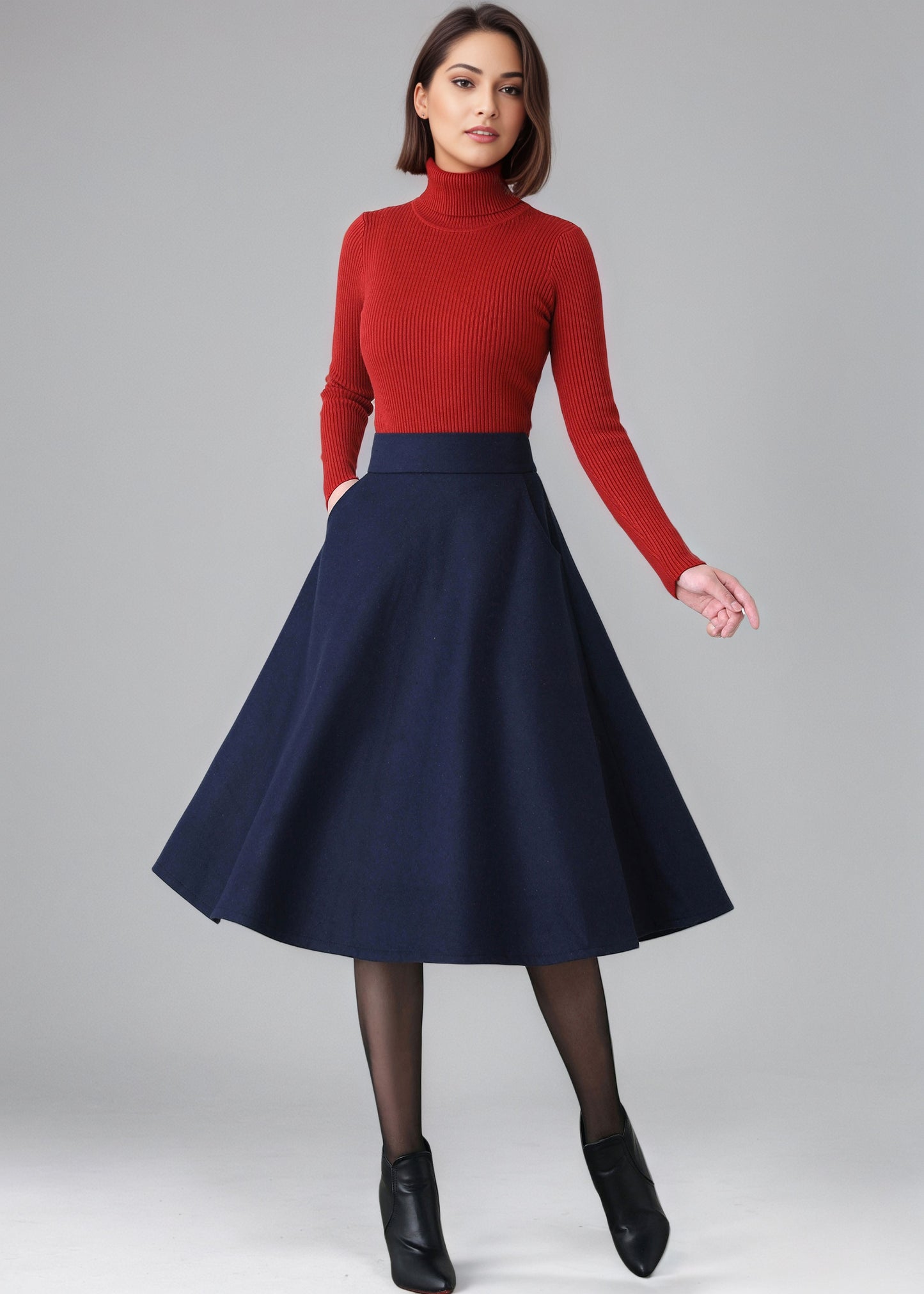 Dark Blue A Line High Waist Wool Skirt Women C5154