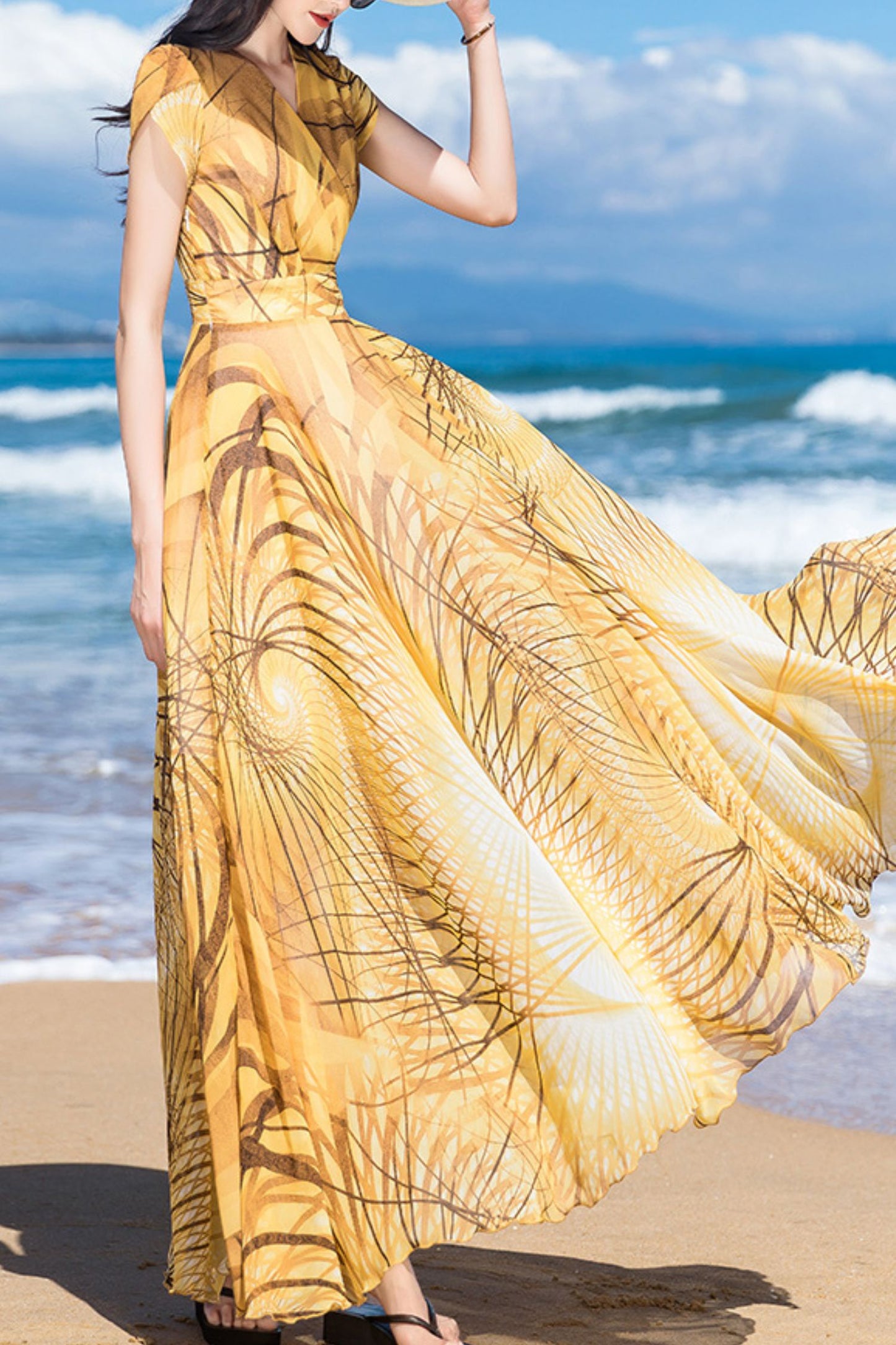 Yellow chiffon print dress C4093