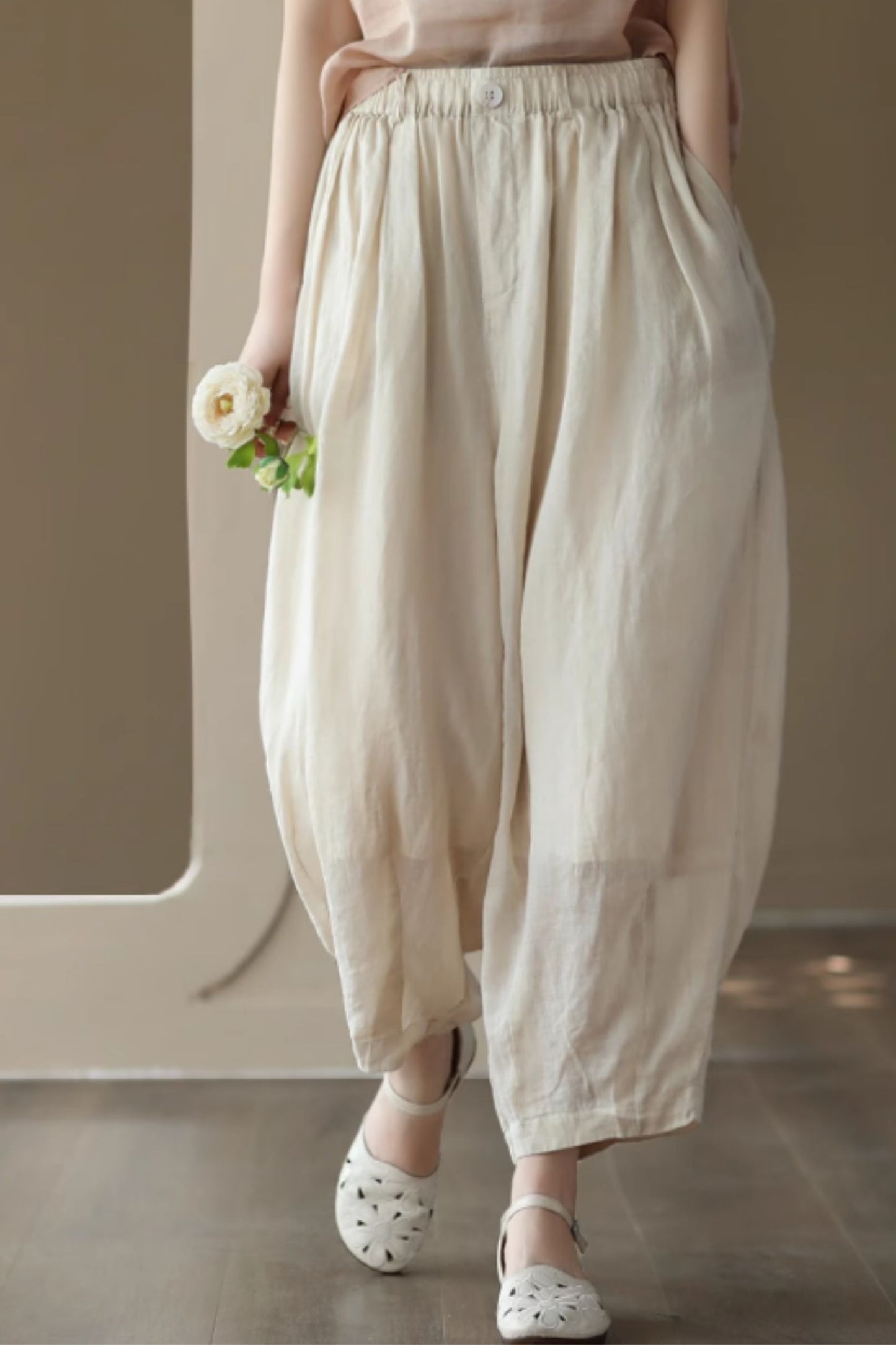 Elastic waist loose fitting linen pants C4433