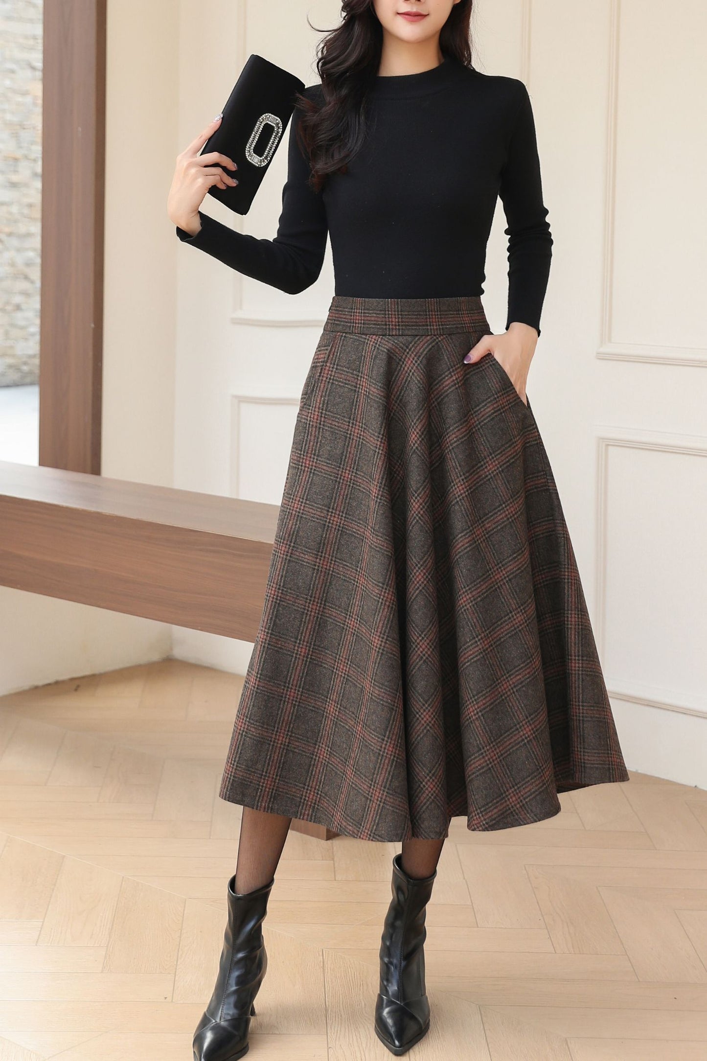 Classic A-Line Wool Plaid Skirt for Autumn Winter C5185