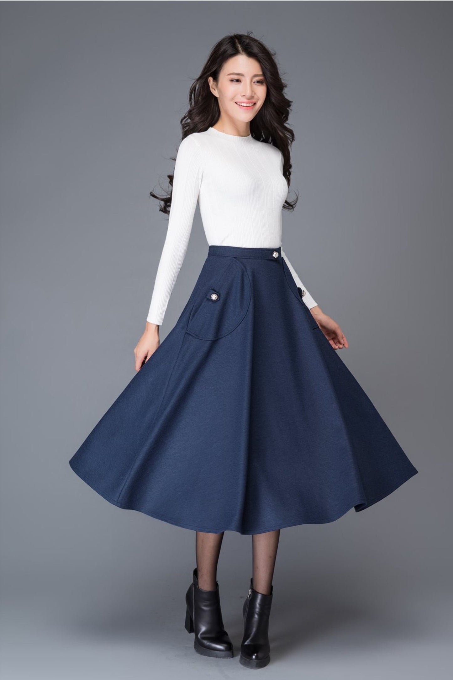 High waist blue midi winter wool skirt C1007