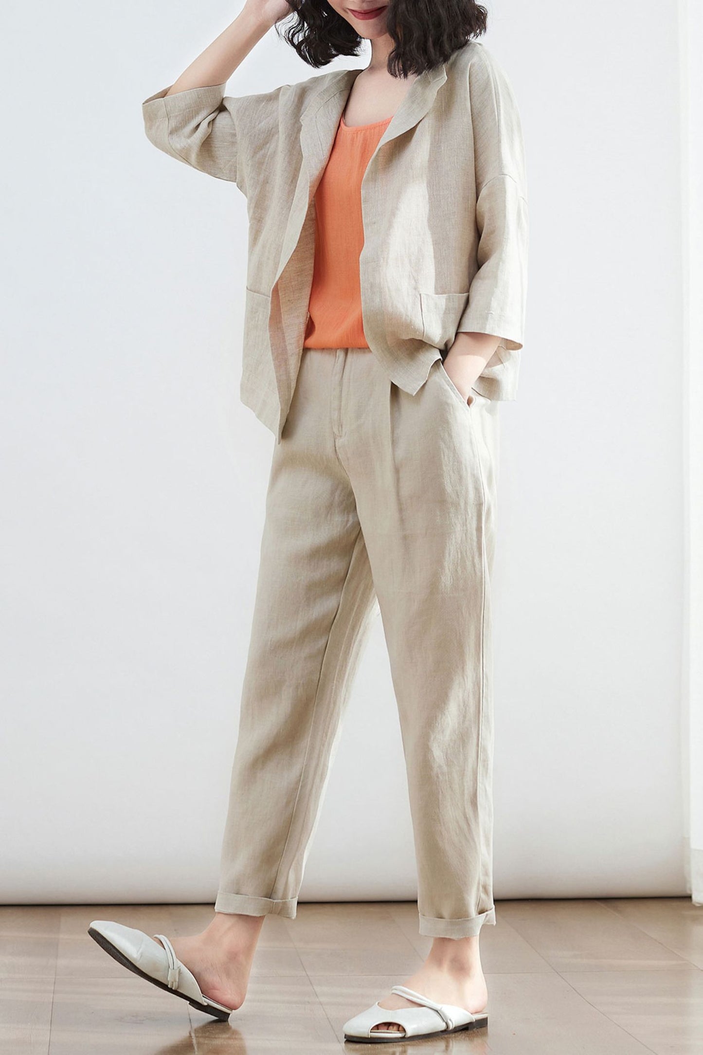 Beige Linen Womens Plus Size Pants with Pockets C2873