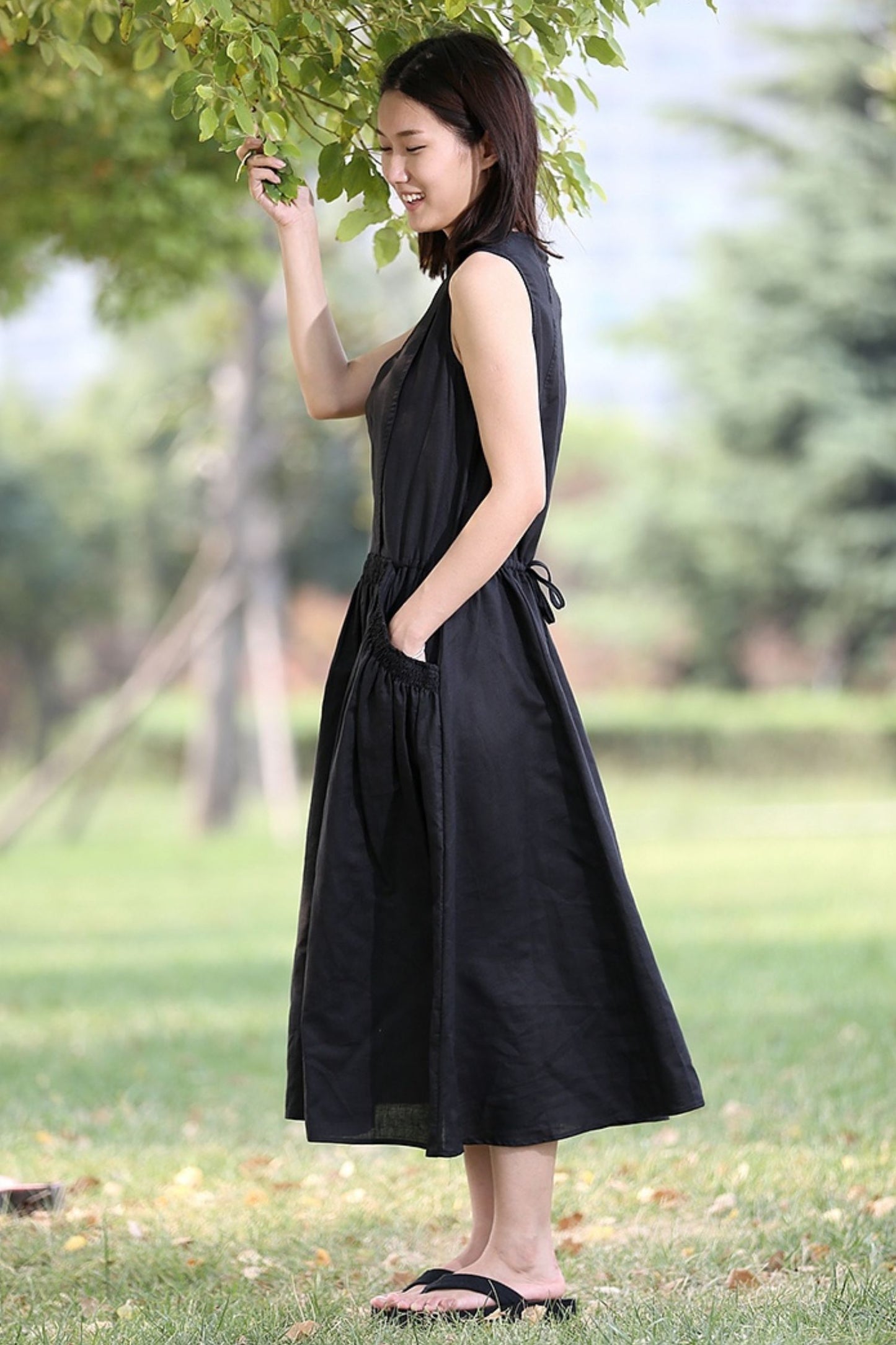 Midi linen black womens summer dress C277