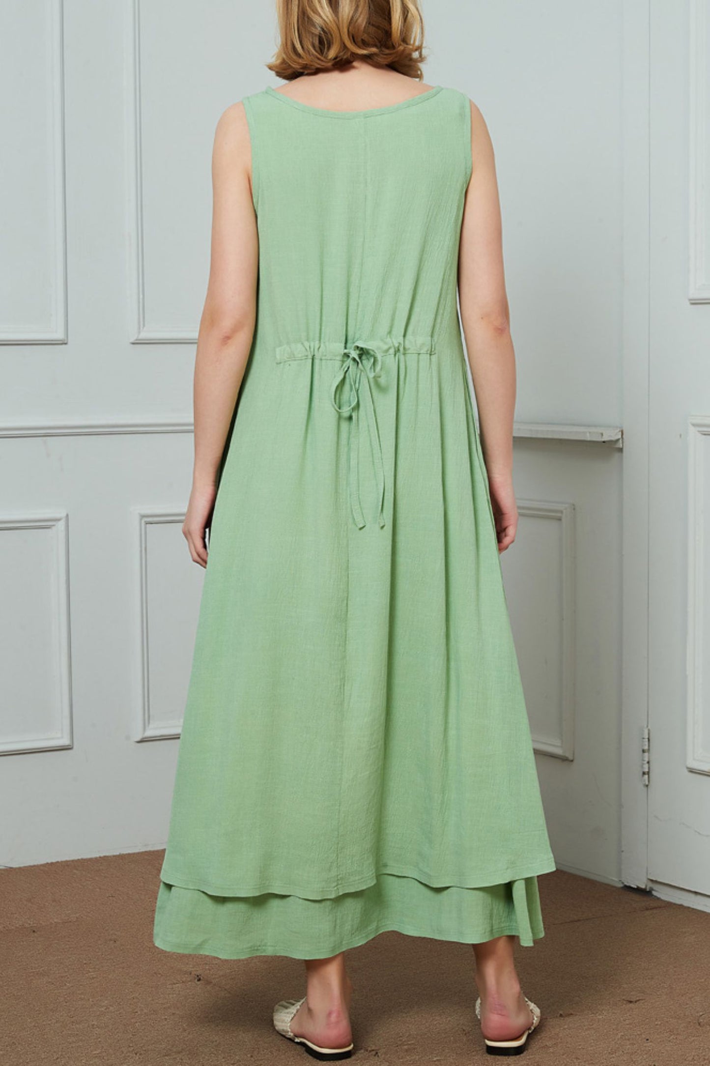 Maxi green sleeveless linen dress C1474