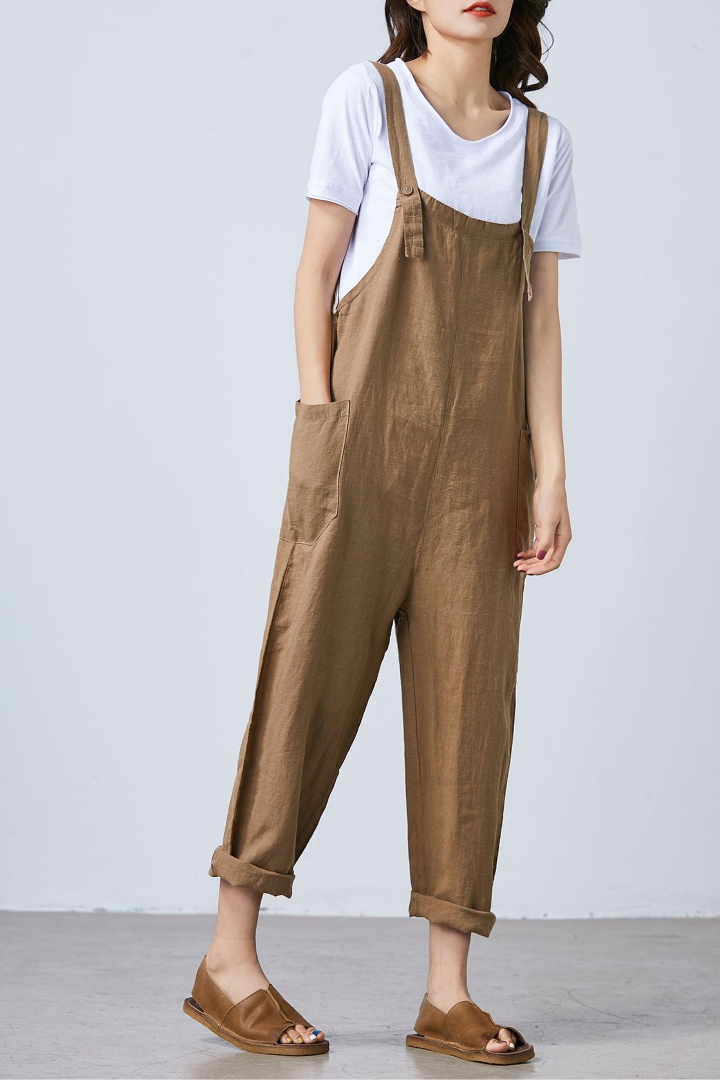 Summer brown casual adjustable linen overalls C1681