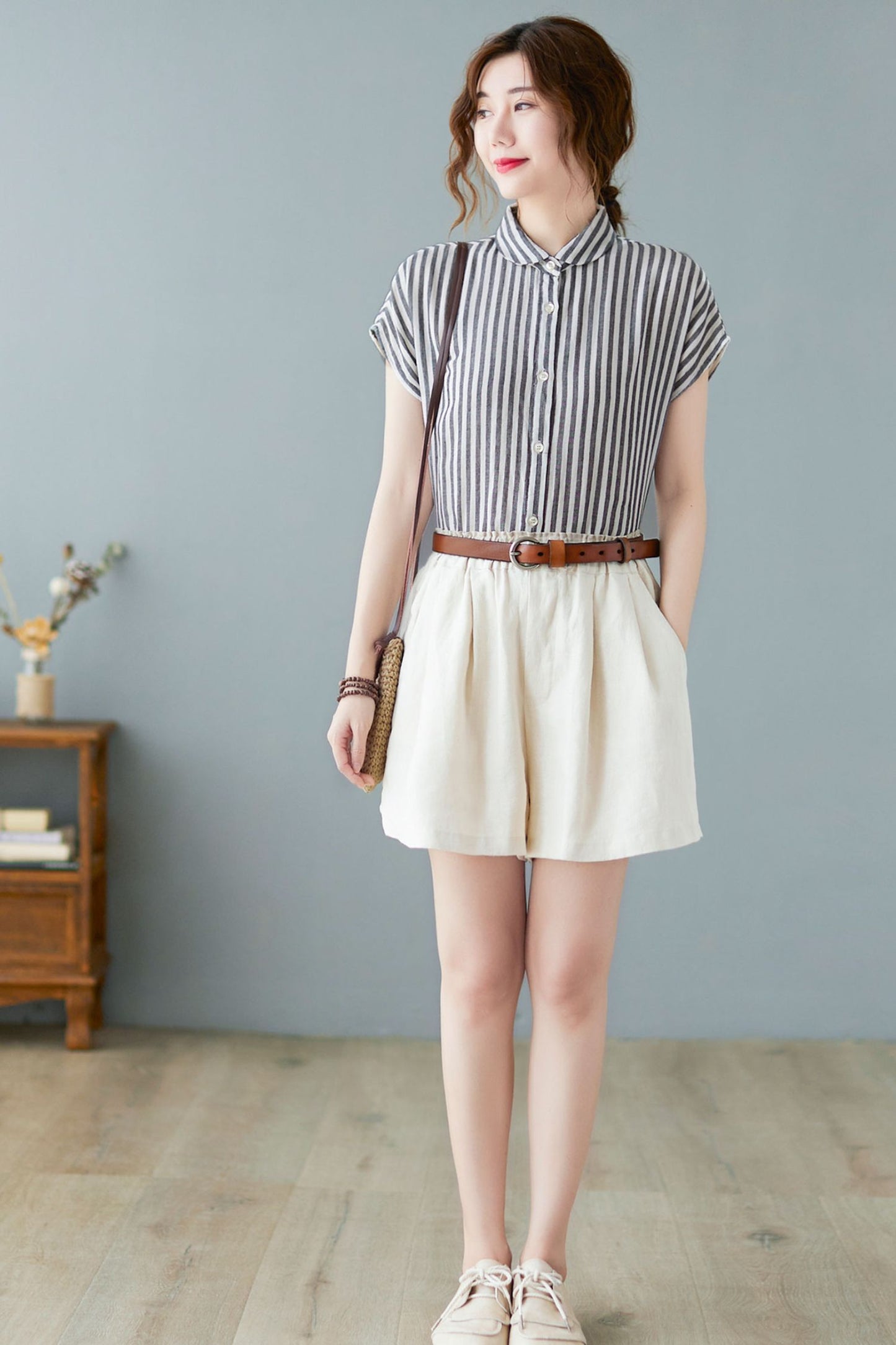 Women's Striped Button Up Short Sleeve Shirts C2366