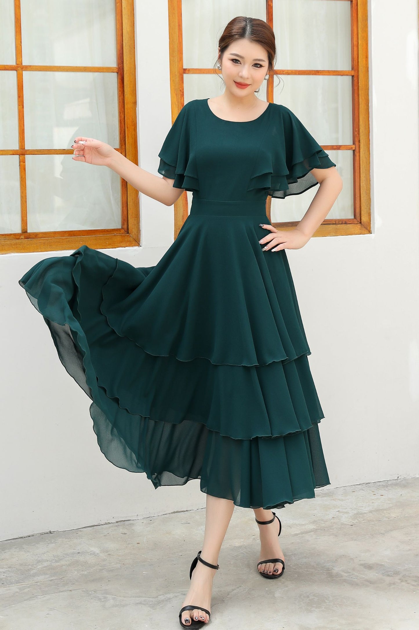 Green ruffle chiffon dress women C4832