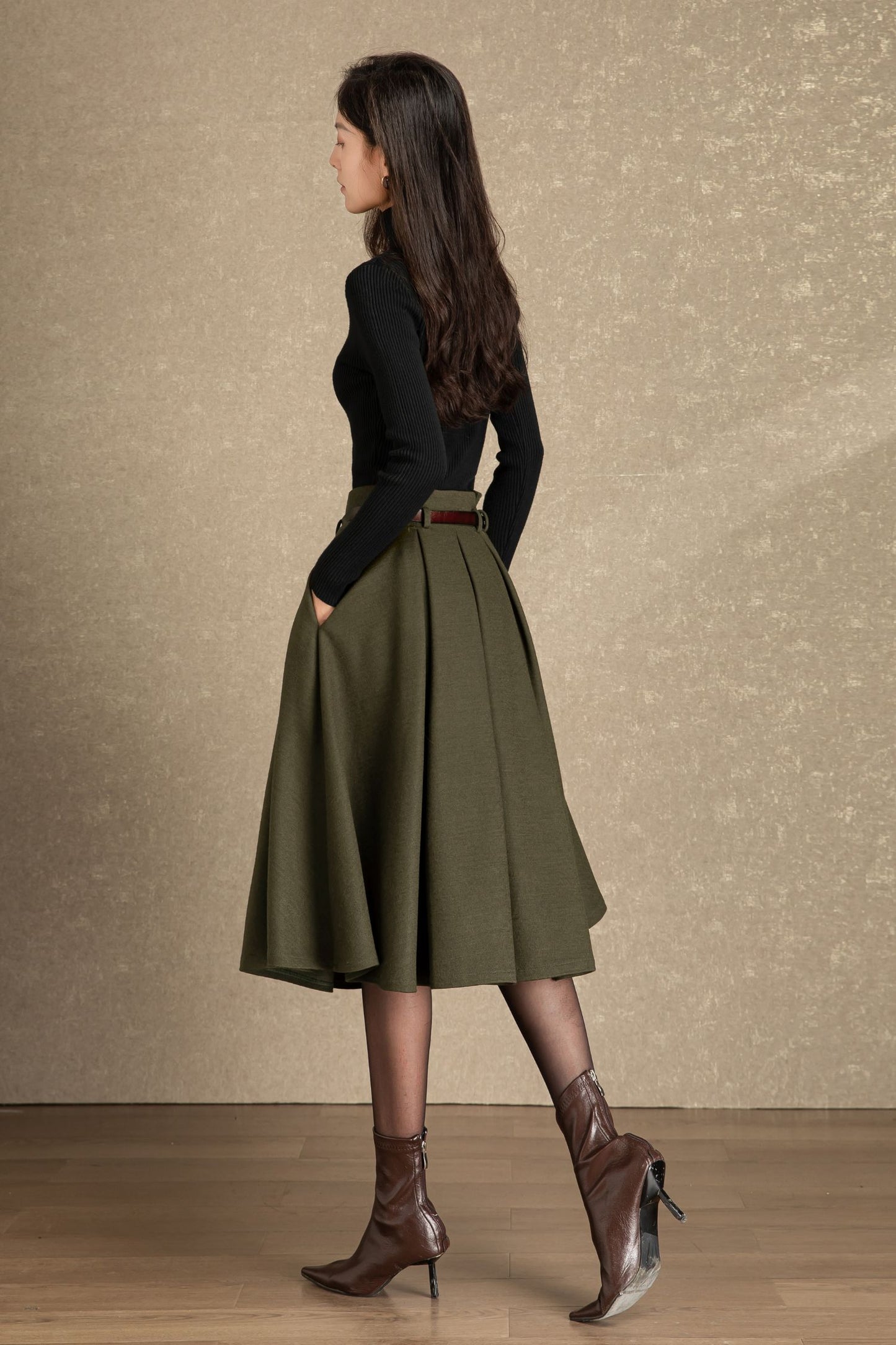 Army green pleating winter wool skirt C4486