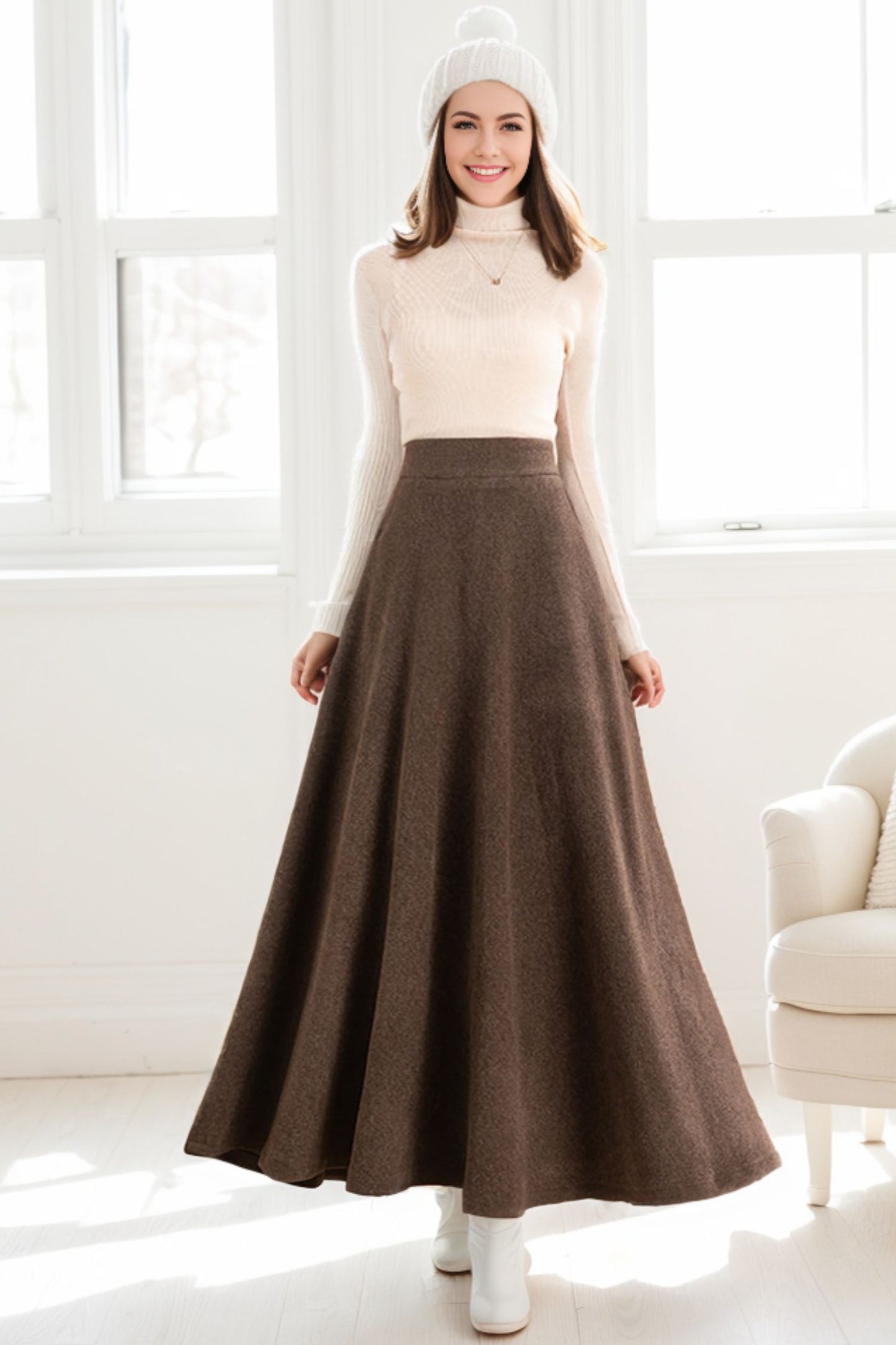 Long Wool A-Line Maxi Skirt With Pockets C4263