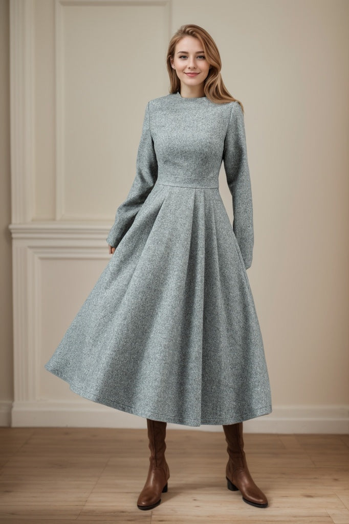 Women Swing Long Winter Wool Dress C4442