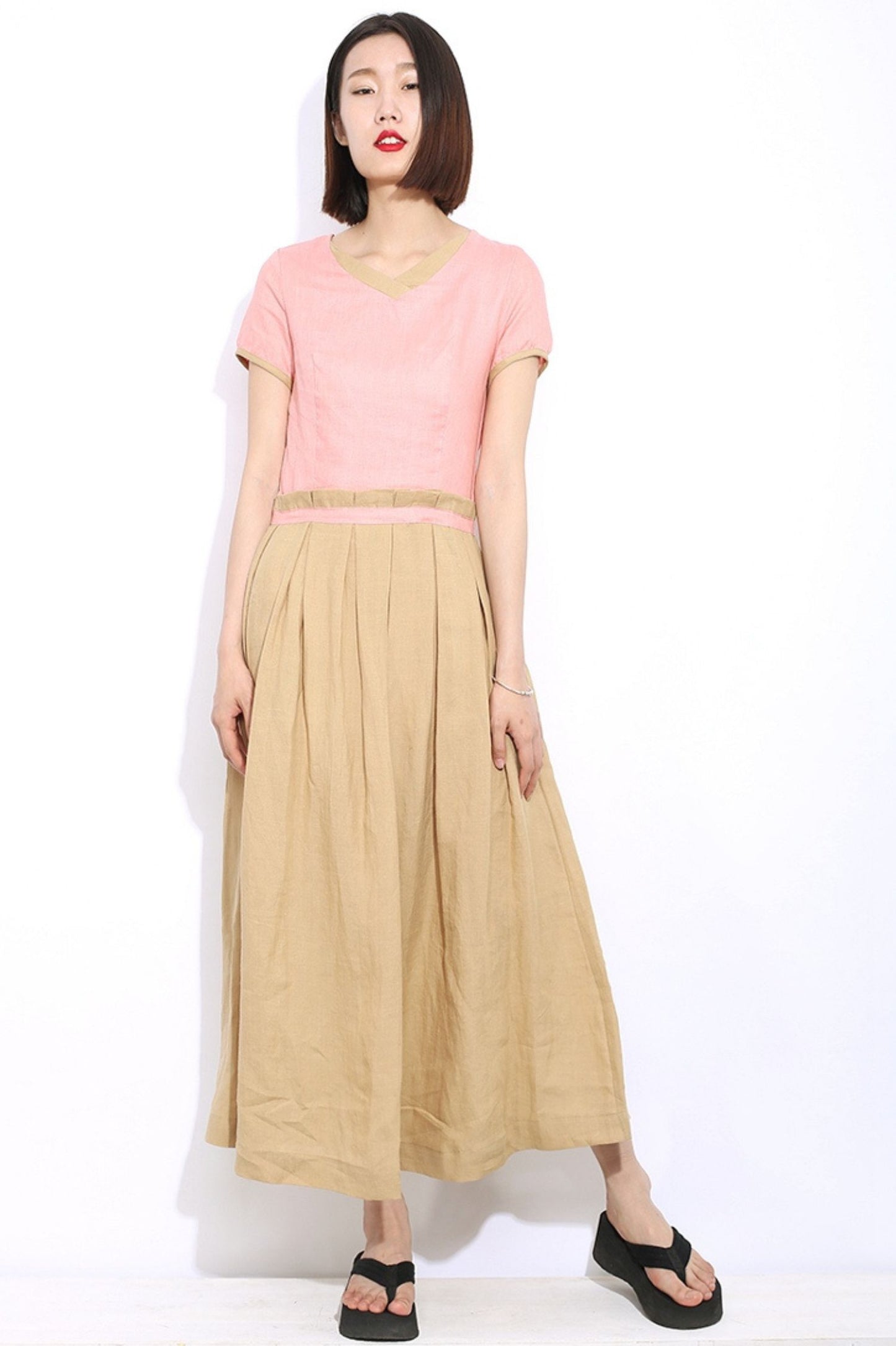 Long patchwork linen dress C296