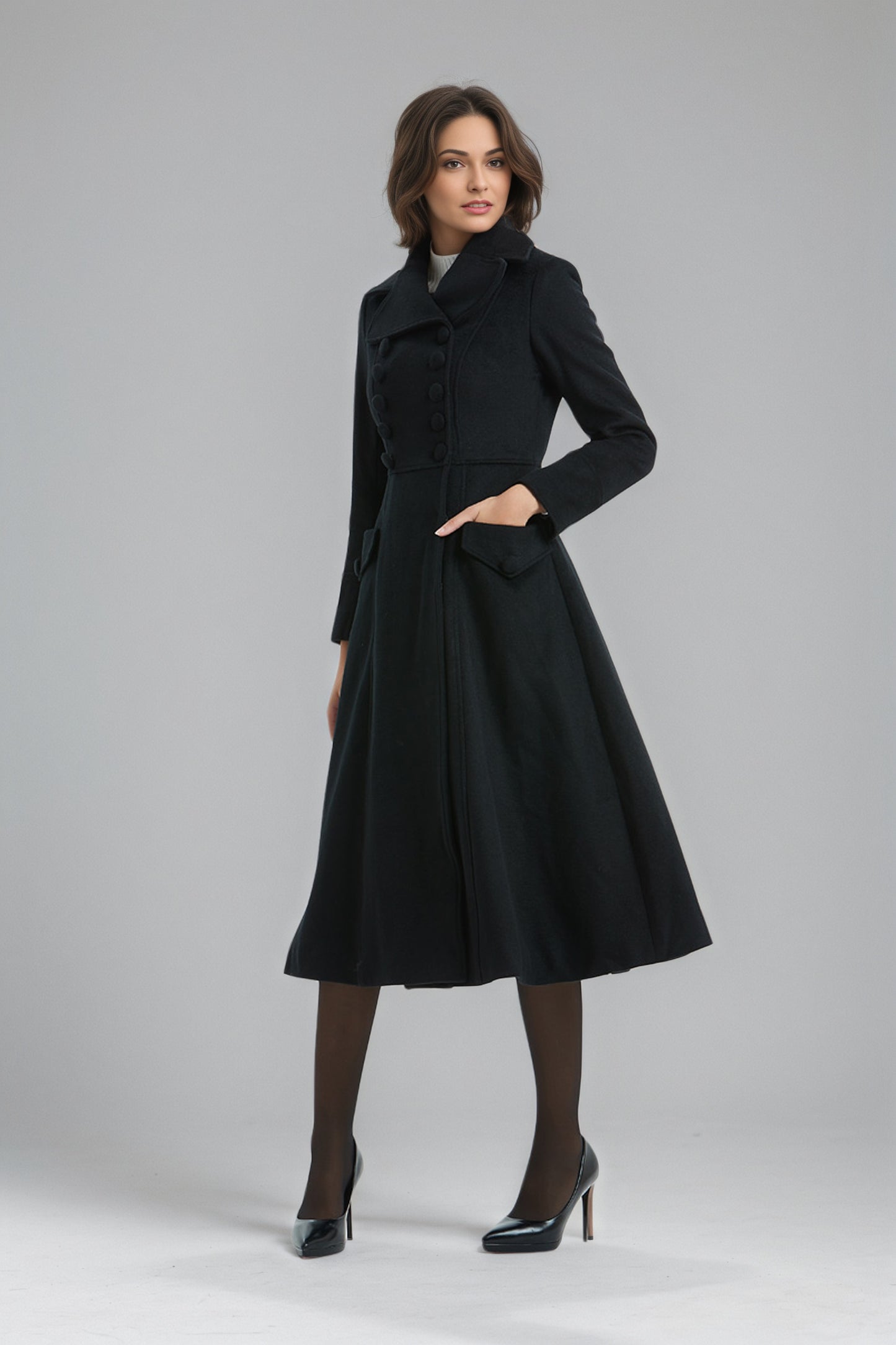 Vintage Black Midi Wool Coat for Winter-Women C5137