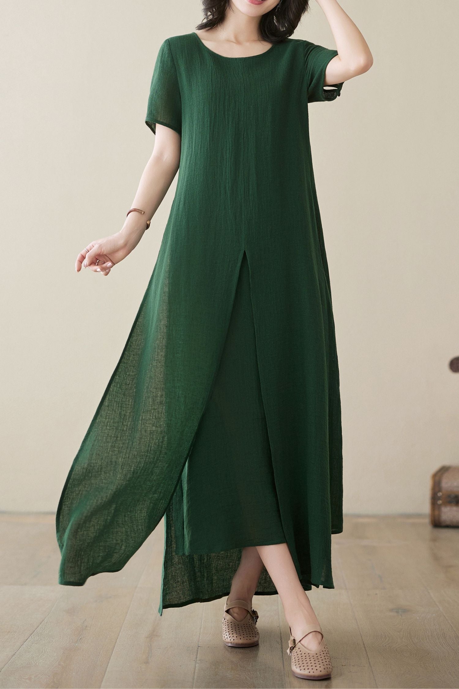 Women Loose fit Linen Short Sleeve Maxi Dress C3949 Green / S Women Loose fit Linen Short Sleeve Maxi Dress C3949 Green / S