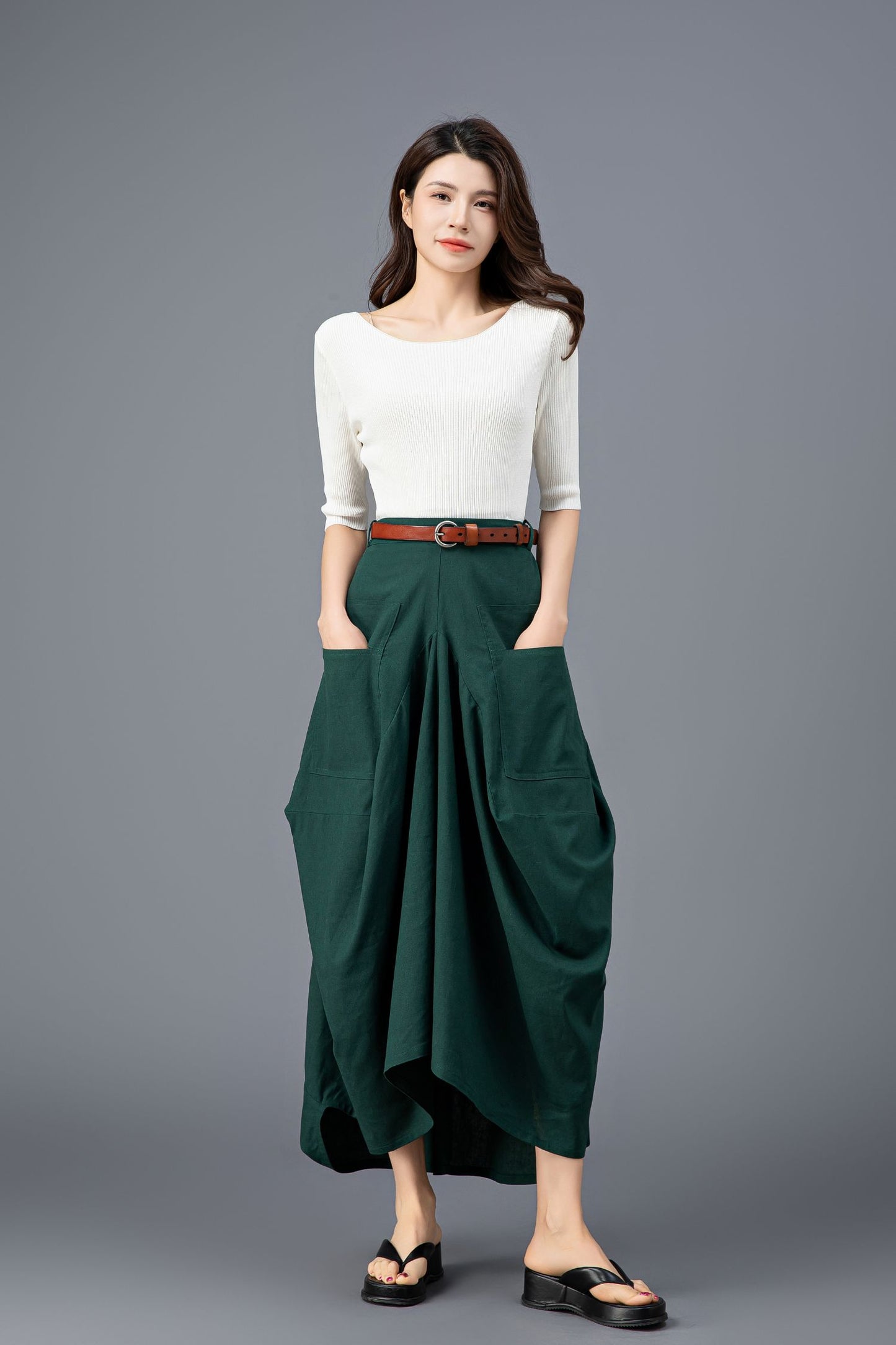 Women's Green Asymmetrical Casual Linen Skirt C3919