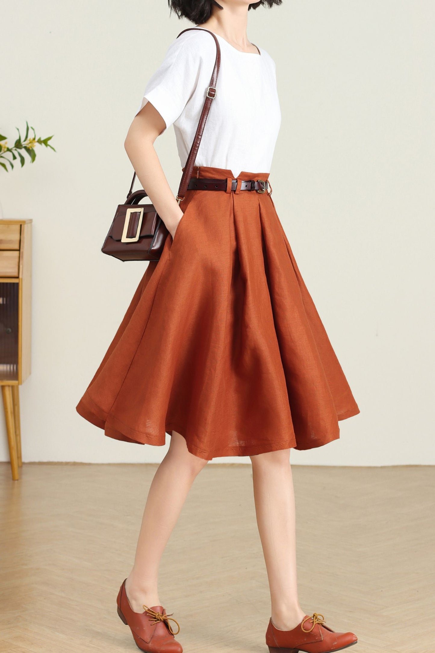 Orange Linen Skirt for Women C4732