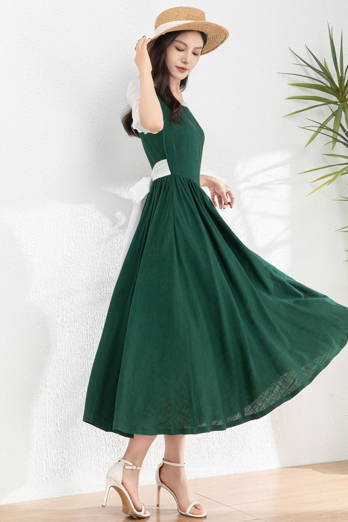 Womens dark green Linen midi Cottagecore Dress c4978